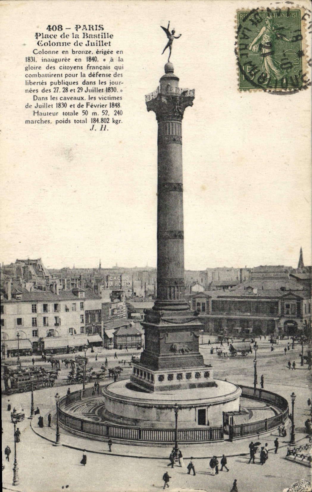 VINTAGE POSTCARD Paris Places Bastille Column of July