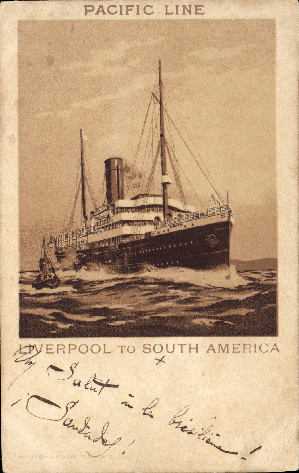 VINTAGE POSTCARD Boat Steamer Pacific Line Liverpool to South America