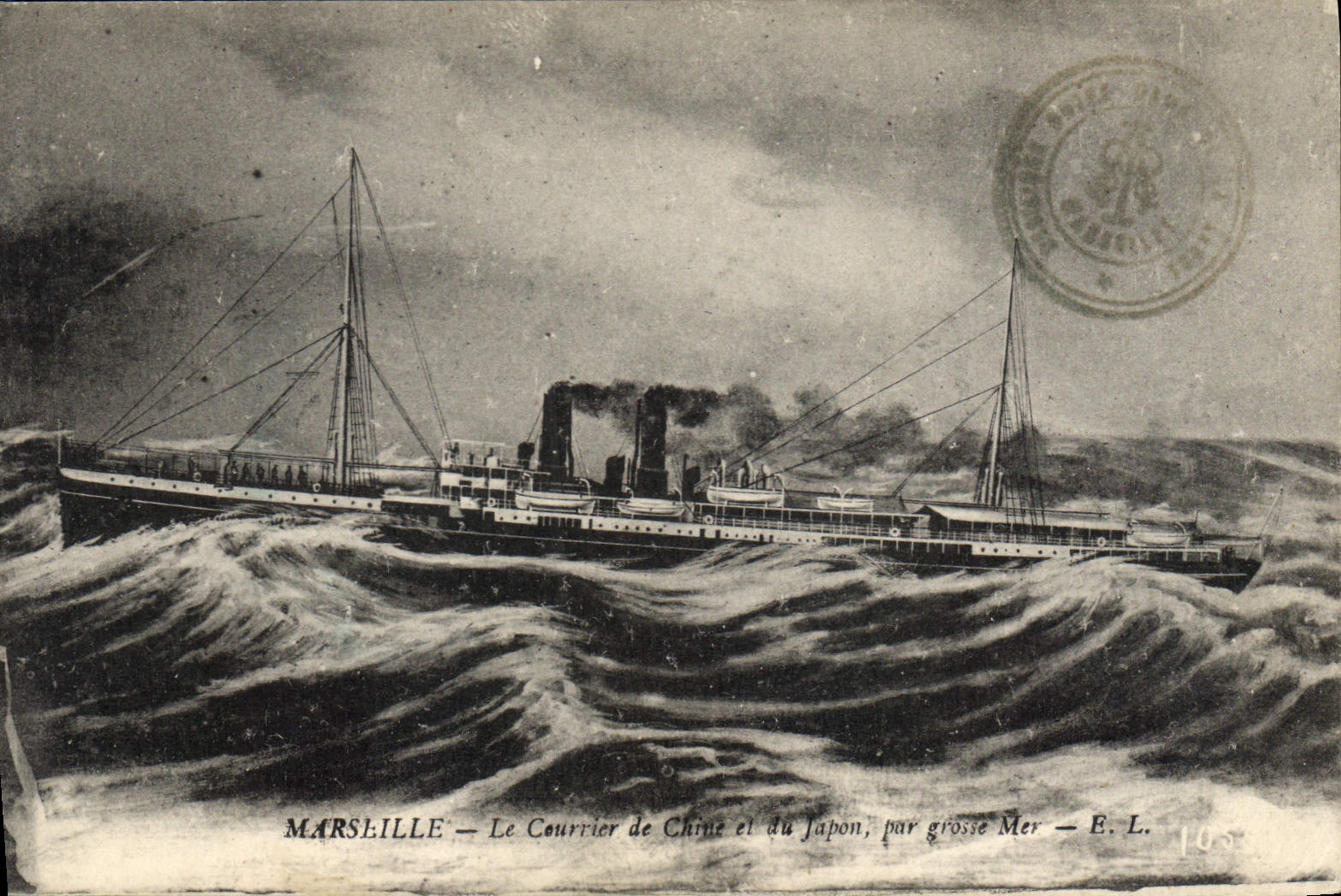 VINTAGE POSTCARD Boat Marseilles Steamer mail of China and Japan by heavy sea