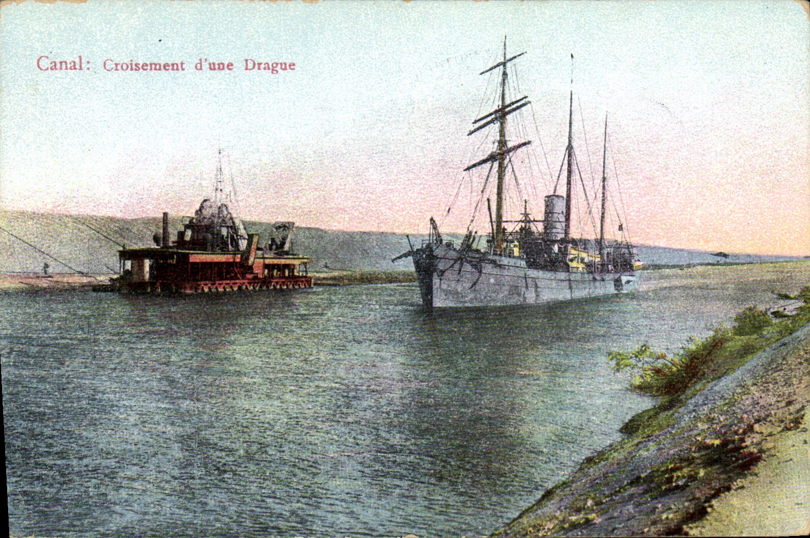 VINTAGE POSTCARD Boat Steamer Canal Crossing of a dredger Egypt Egypt