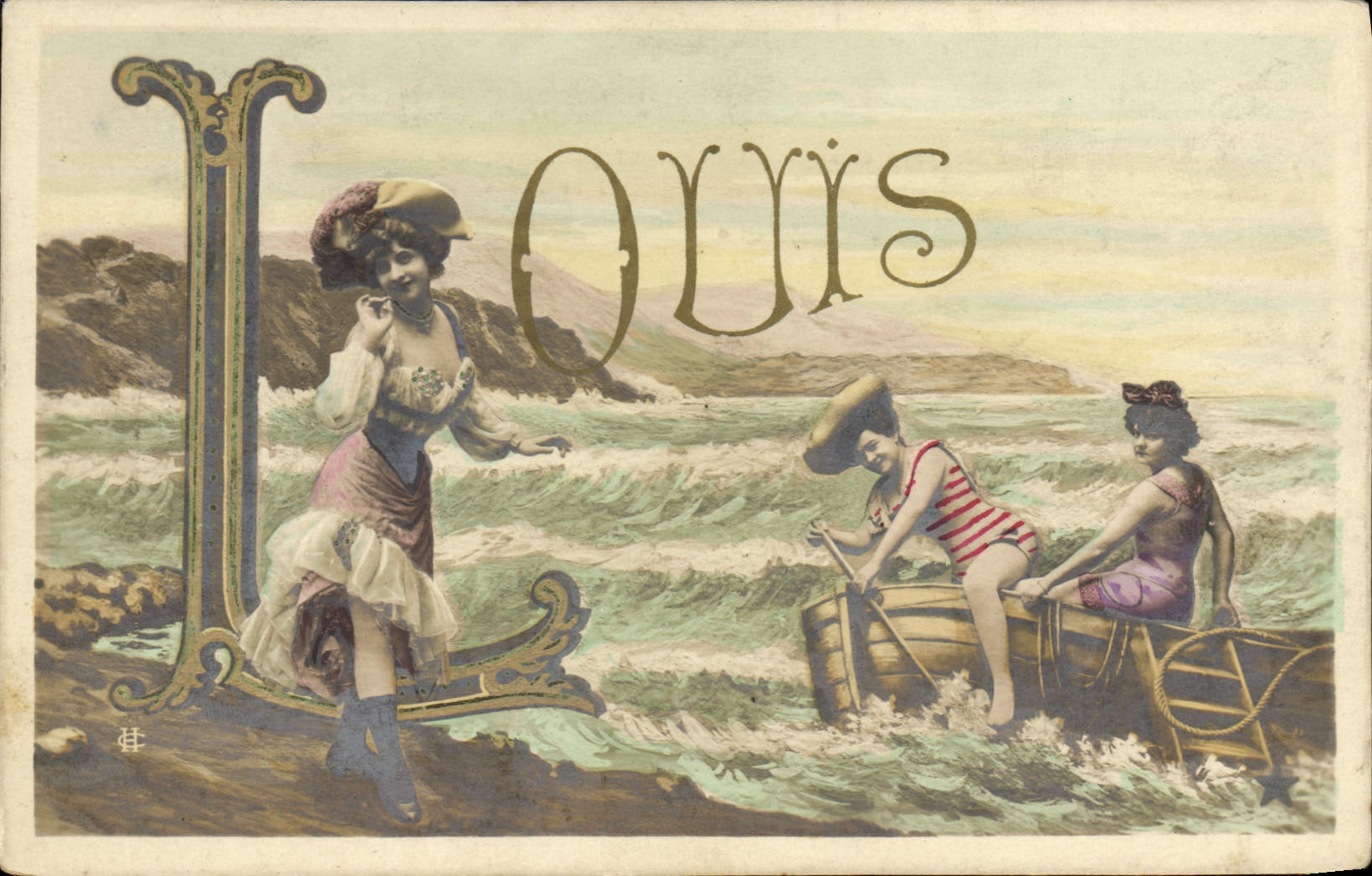 VINTAGE POSTCARD Fantasy First name Louis Bathing suit