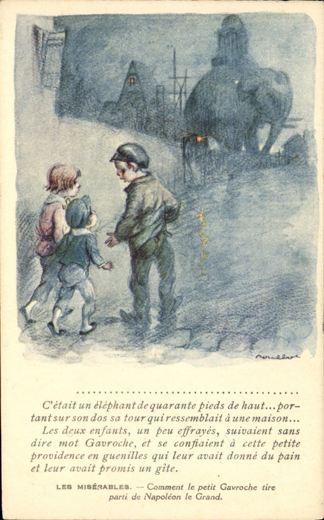 Ilustrador Poulbot Victor Hugo de la POSTAL de la VENDIMIA el elefante pobre de los wretches