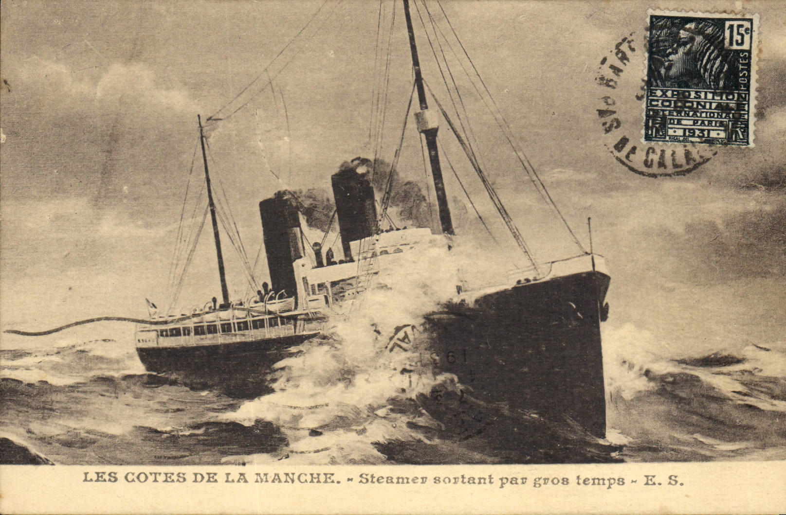 VINTAGE POSTCARD Boat Steamer Dimensions of outgoing the Steamer English Channel by heavy weather