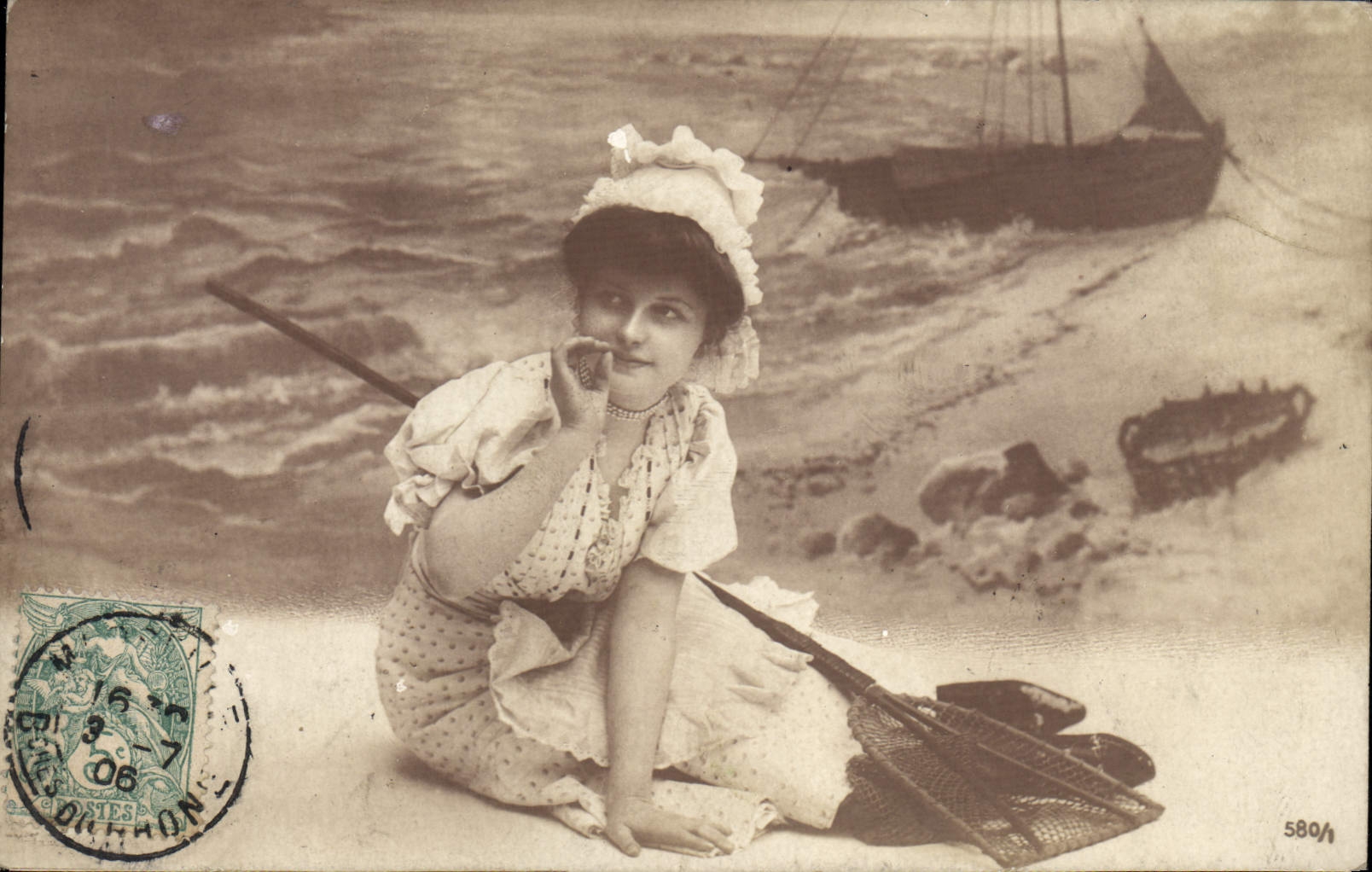 VINTAGE POSTCARD Folklore Bathing suit Woman Fishes