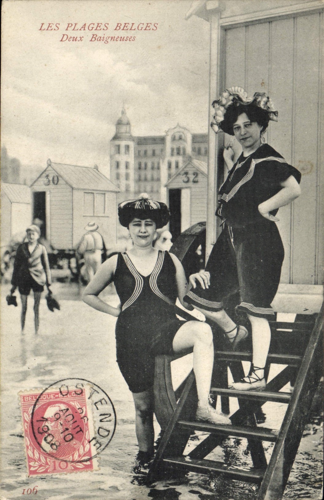 VINTAGE POSTCARD Folklore Bathing suit Woman Belgian beaches Two bathers