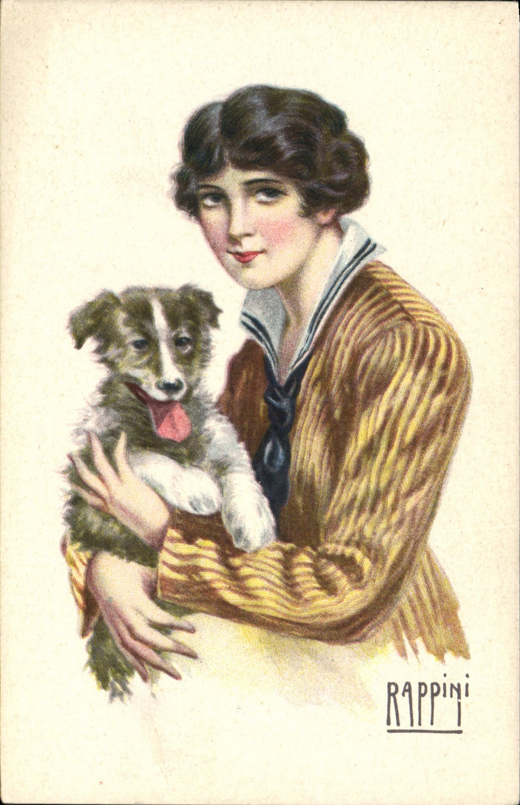 VINTAGE POSTCARD Fantasy Illustrator Rappini Woman Dog Pup