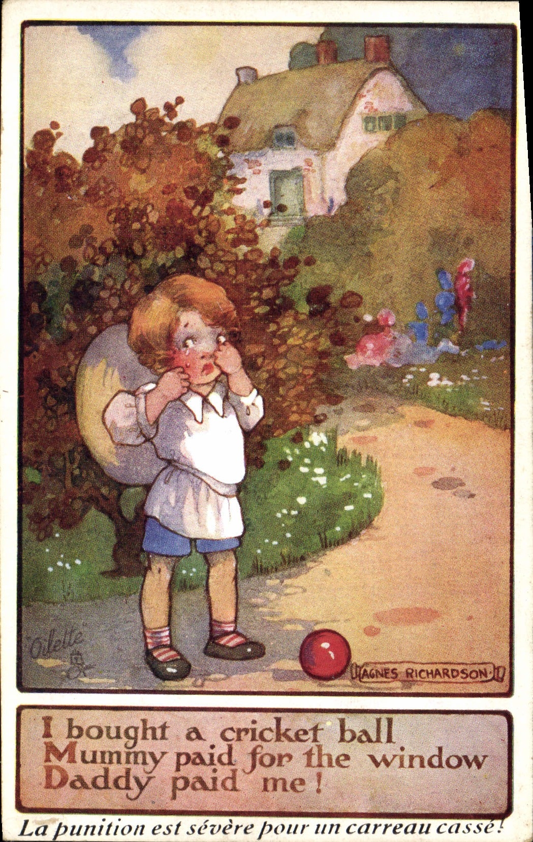 VINTAGE POSTCARD Fantaisie Illustrator Agnes Richardson Enfant I bought has cricket ball