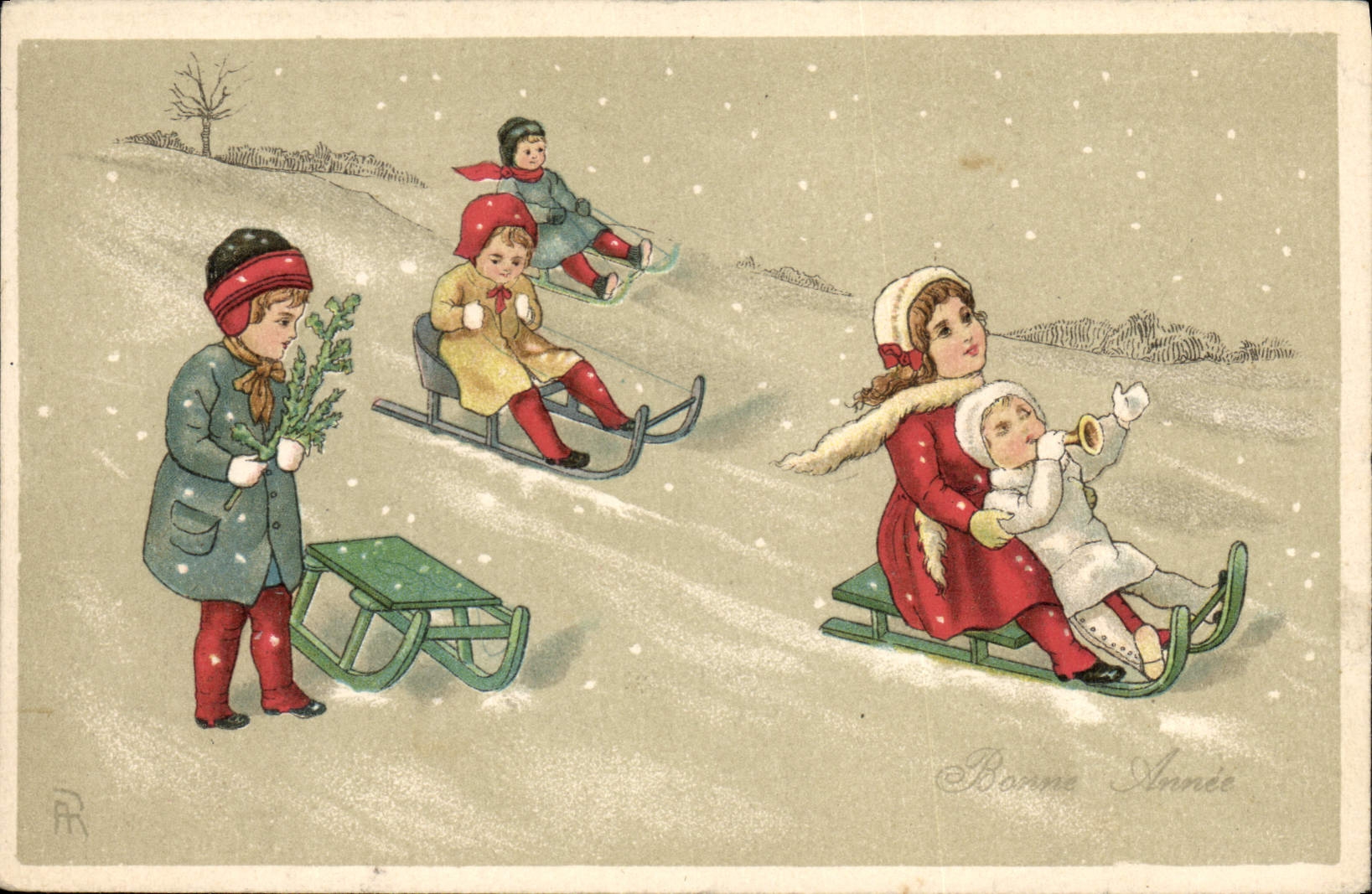 VINTAGE POSTCARD Fantasy Illustrator Agnes Richardson Children Toboggan