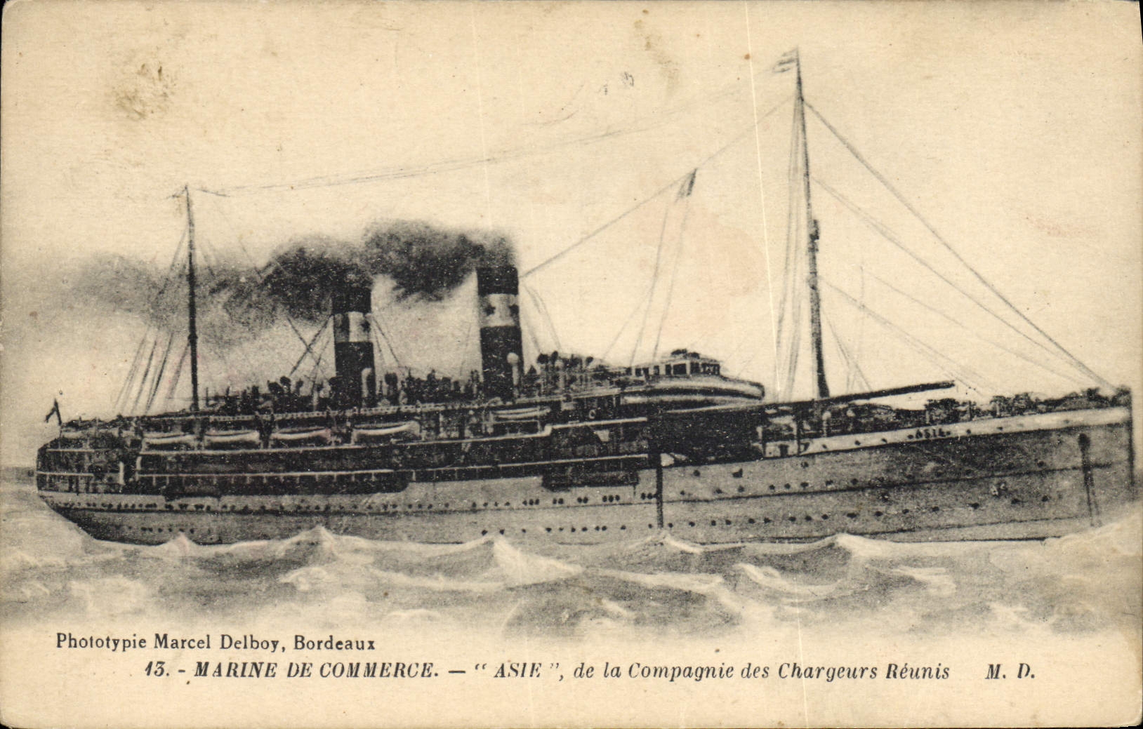 VINTAGE POSTCARD Boat Steamer Mercantile marine Asia as of the Company of the Brought together Chargers