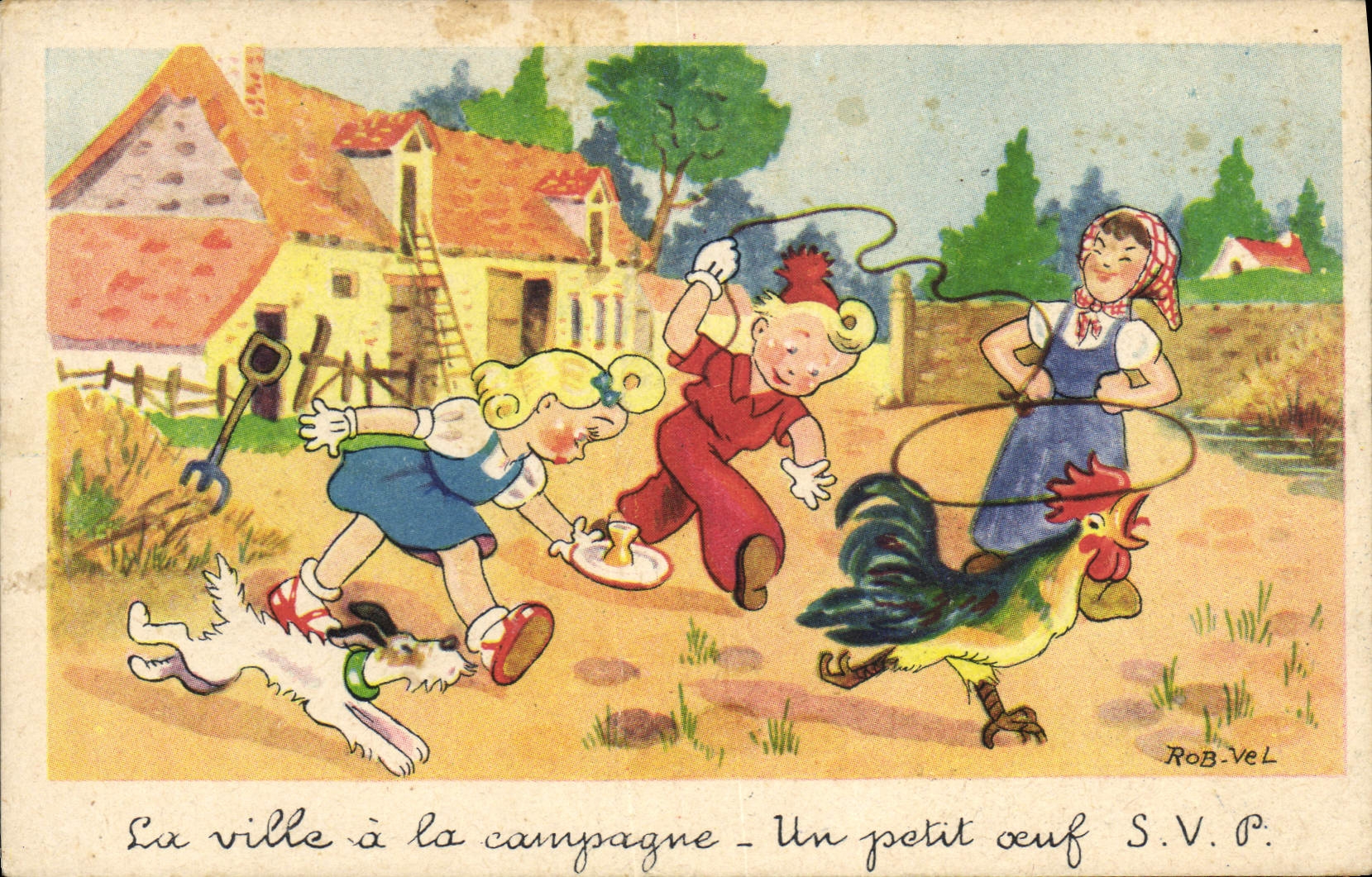 VINTAGE POSTCARD Fantasy Illustrator Rob Vel Children Cock Hen Dog