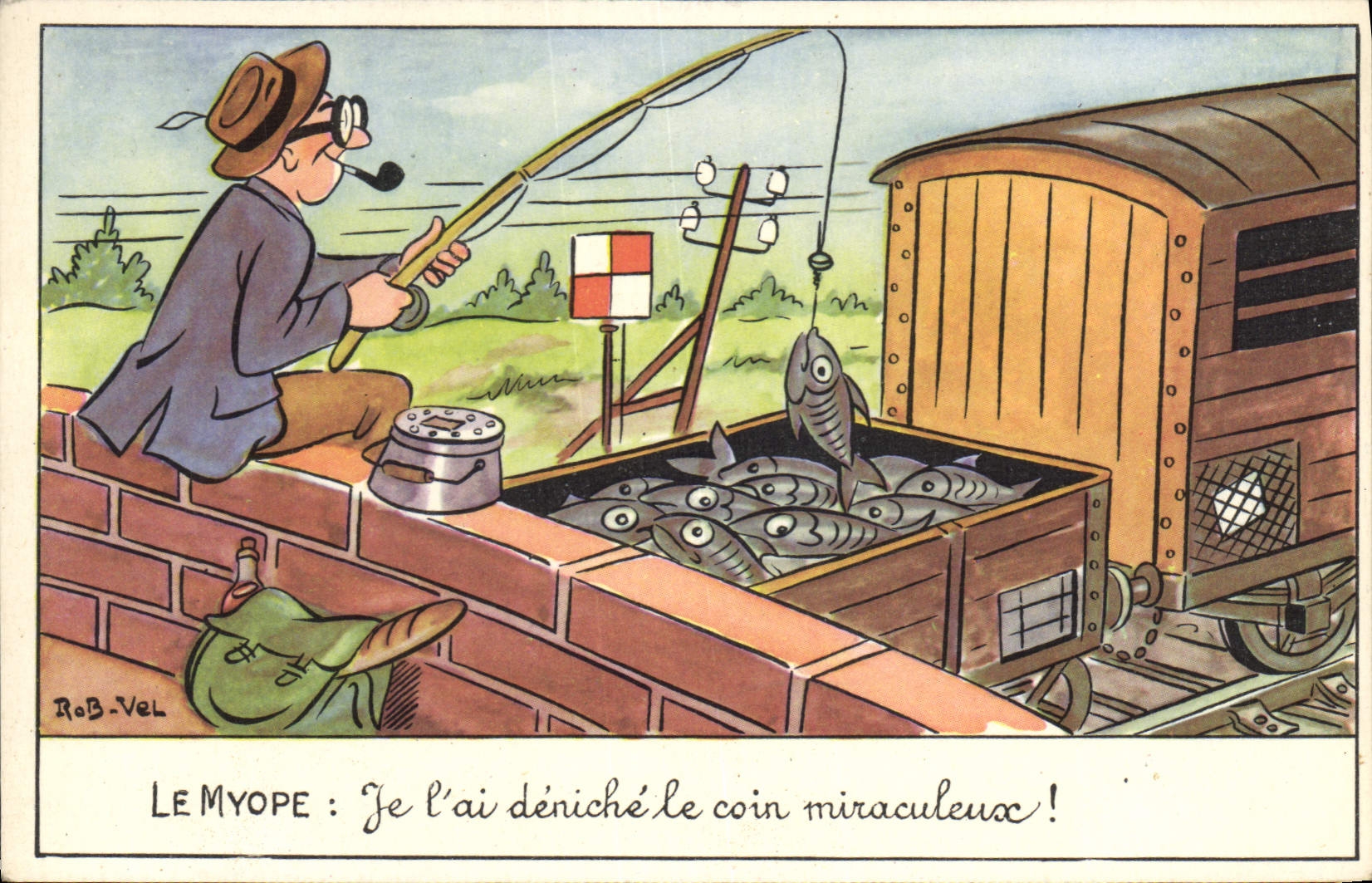 CPA Fantaisie Illustrateur Rob Vel Poissons Peche Pecheur Train