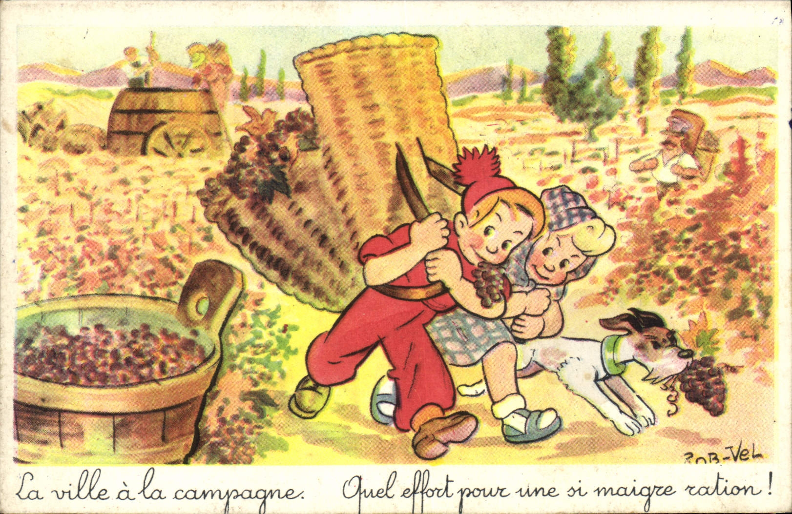 VINTAGE POSTCARD Fantasy Illustrator Rob Vel Children Dog Vine