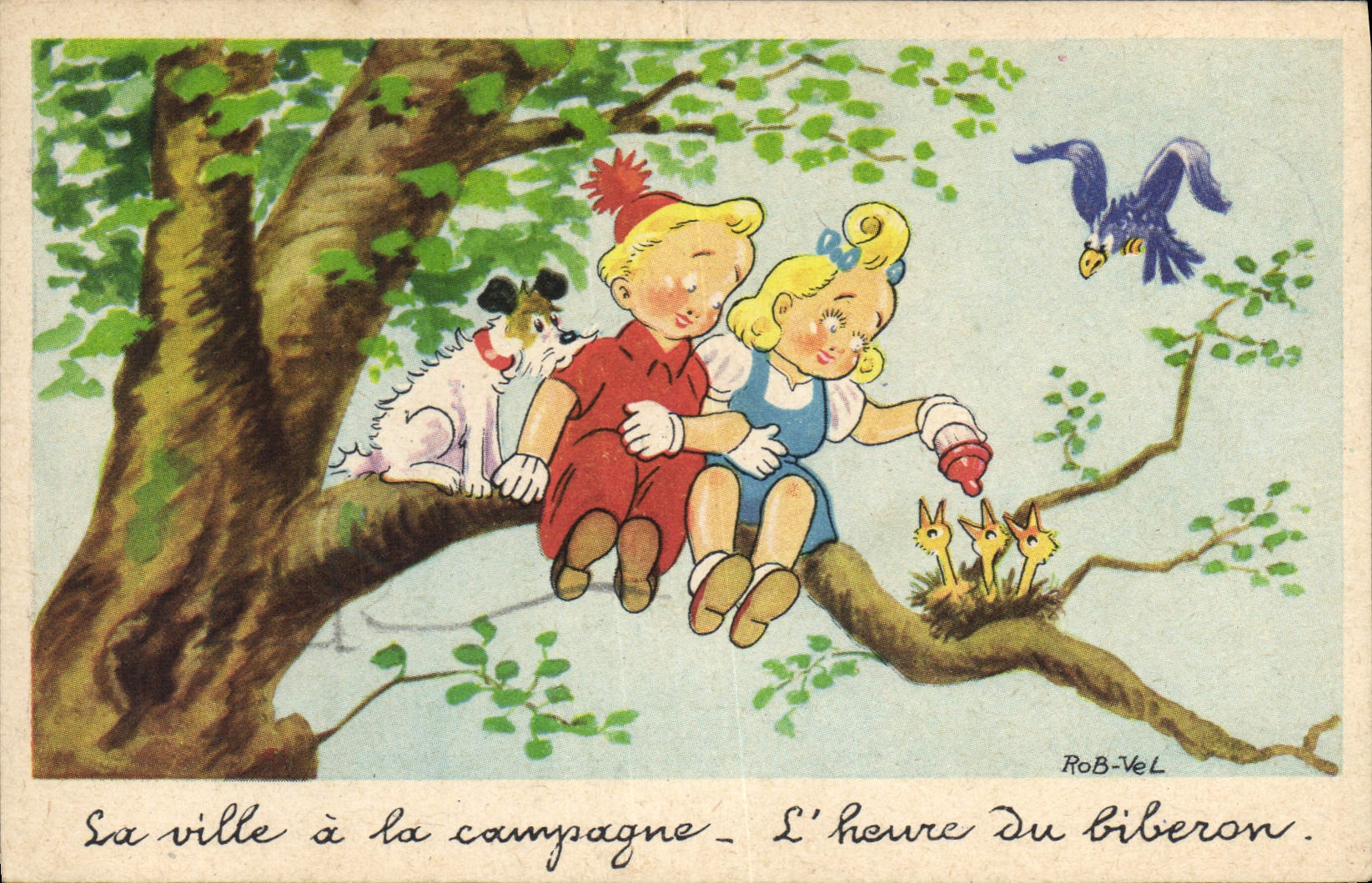 VINTAGE POSTCARD Fantasy Illustrator Rob Vel Children Dog Chick Eagle