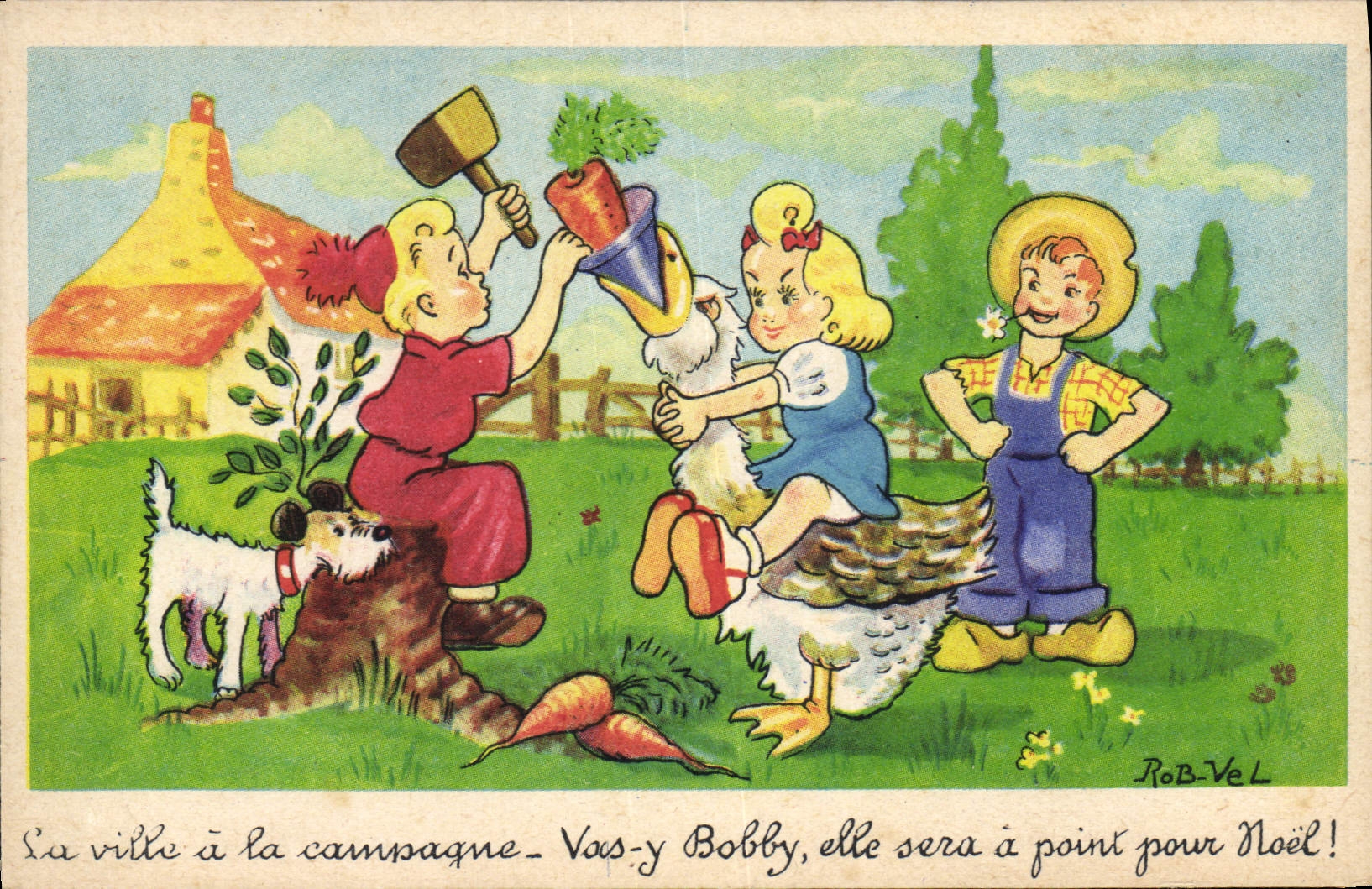 CPA Fantaisie Illustrateur Rob Vel Enfants Oie Chien