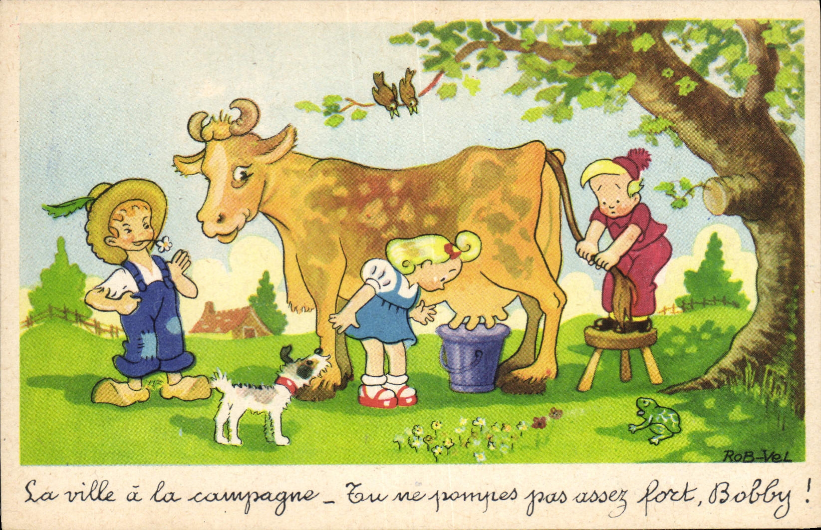 CPA Fantaisie Illustrateur Rob Vel Enfants Vache Chien 