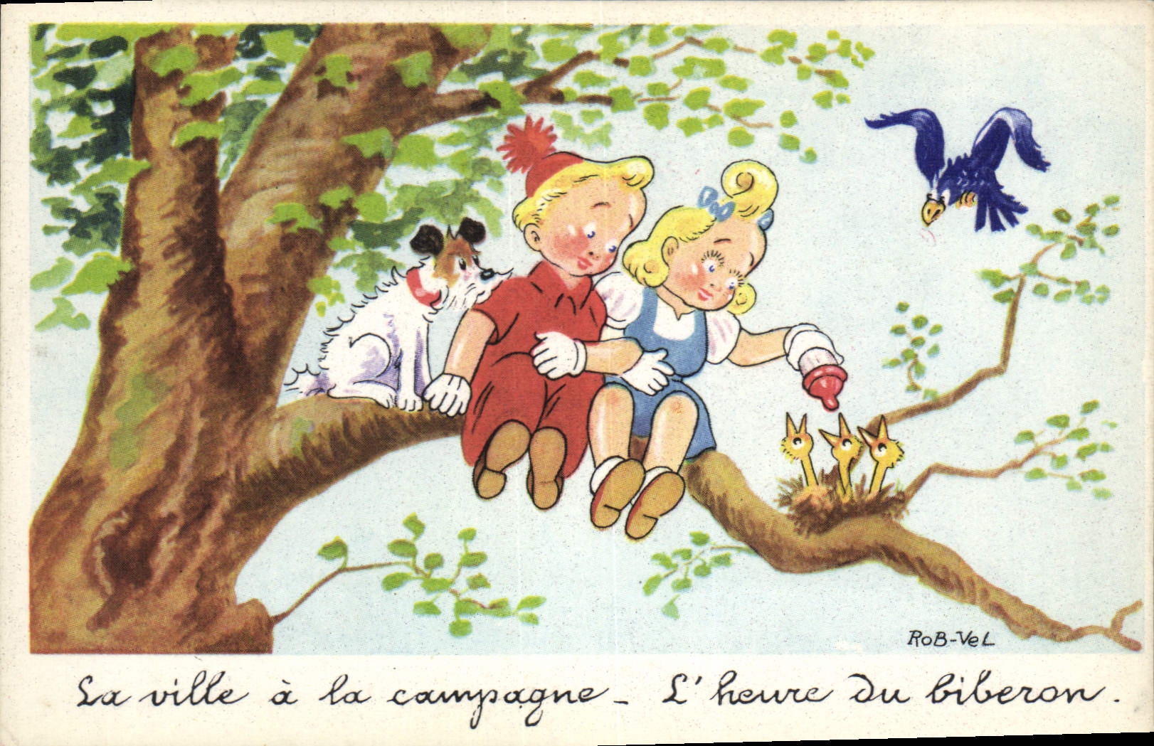 CPA Fantaisie Illustrateur Rob Vel Enfants Chien Poussin Aigle