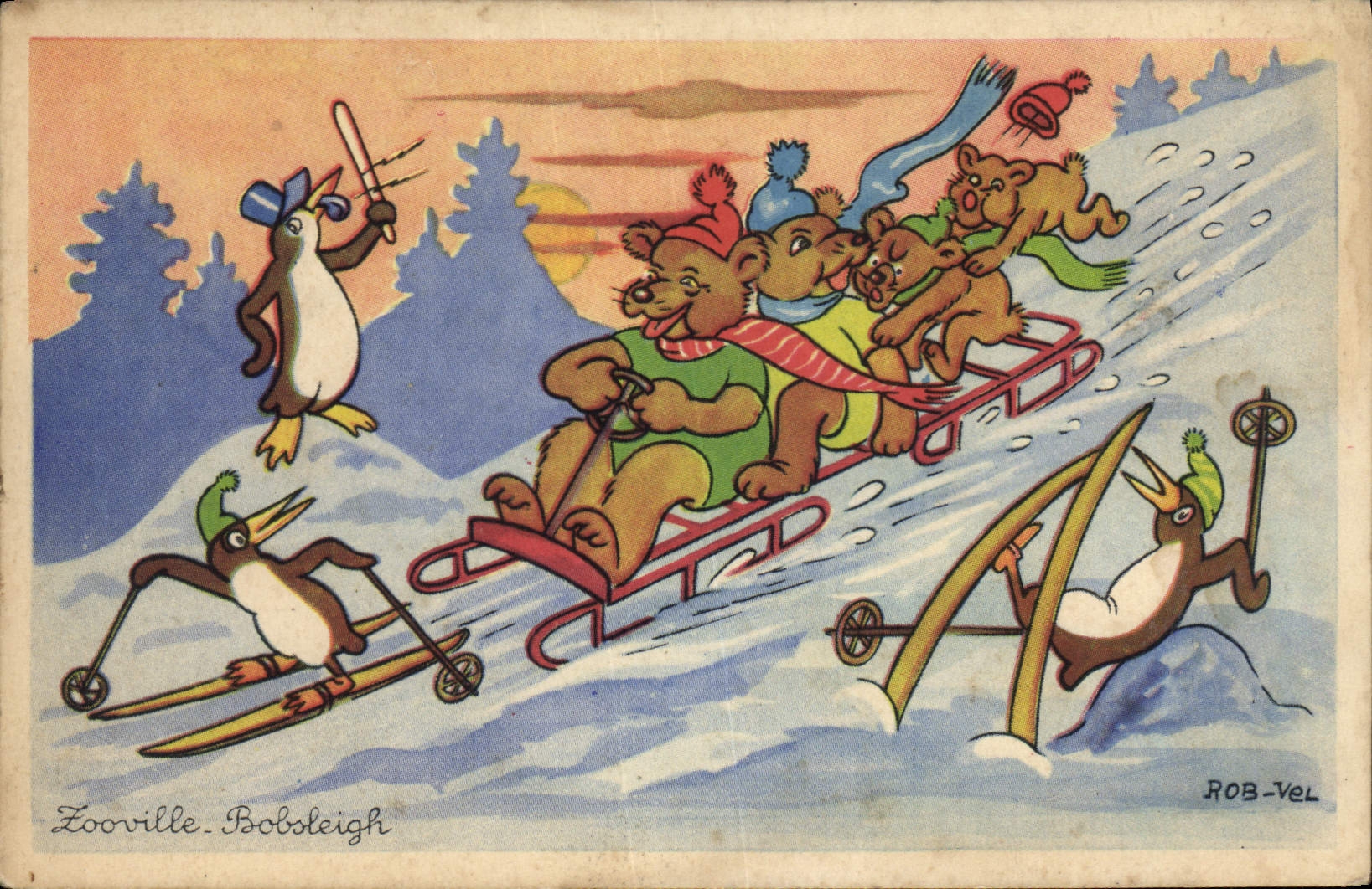 CPA Fantaisie Illustrateur Rob Vel Ours Luge pingouin