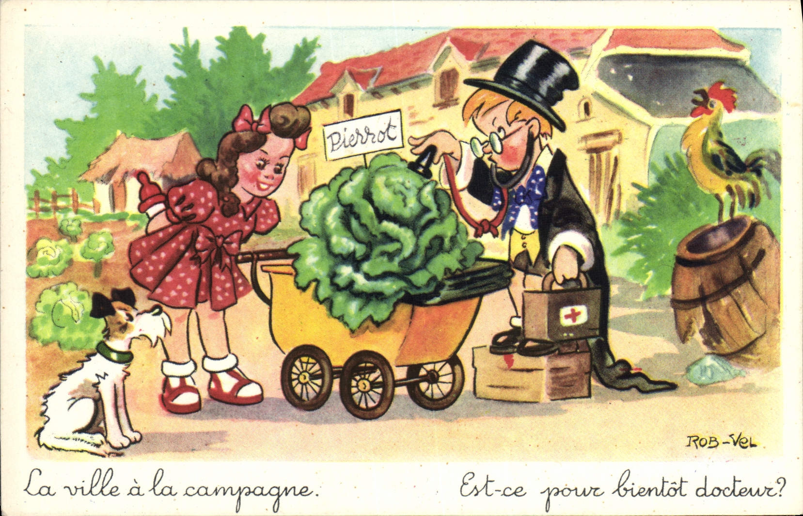 CPA Fantaisie Illustrateur Rob Vel Enfants Chien Coq Chou