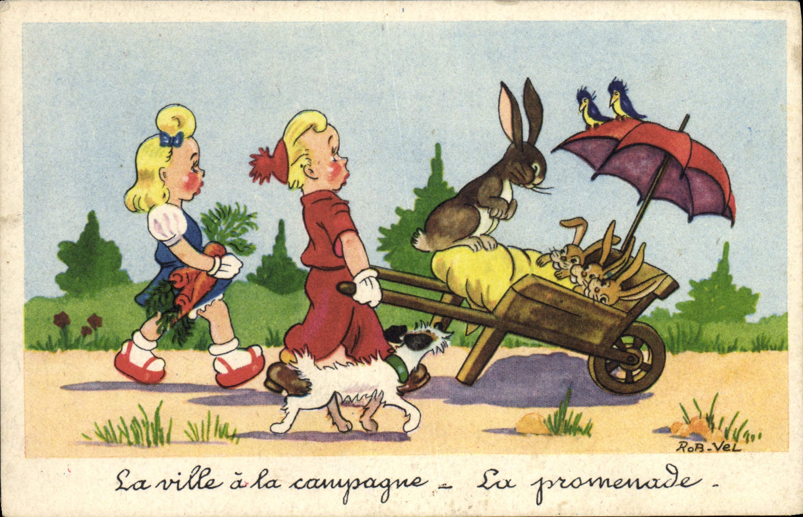 VINTAGE POSTCARD Fantasy Illustrator Rob Vel Children Dog Rabbit
