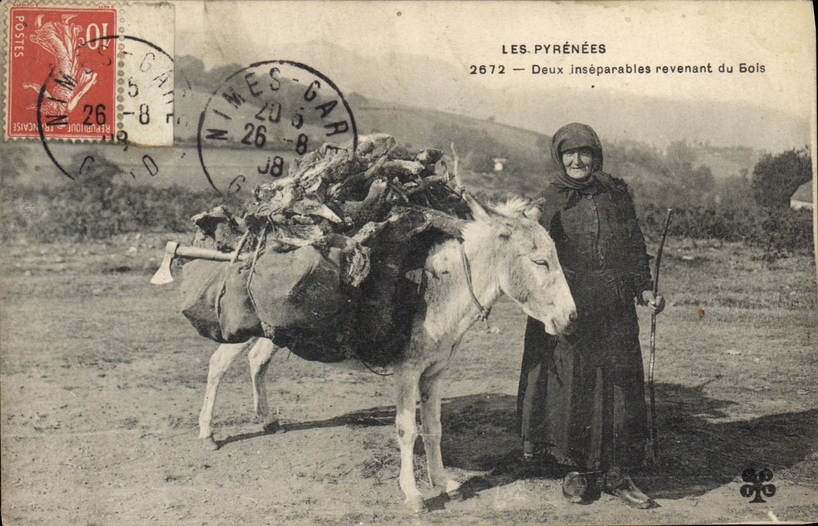 VINTAGE POSTCARD Folklore the Pyrenees Two inseparable ghost from wood Ass Mule