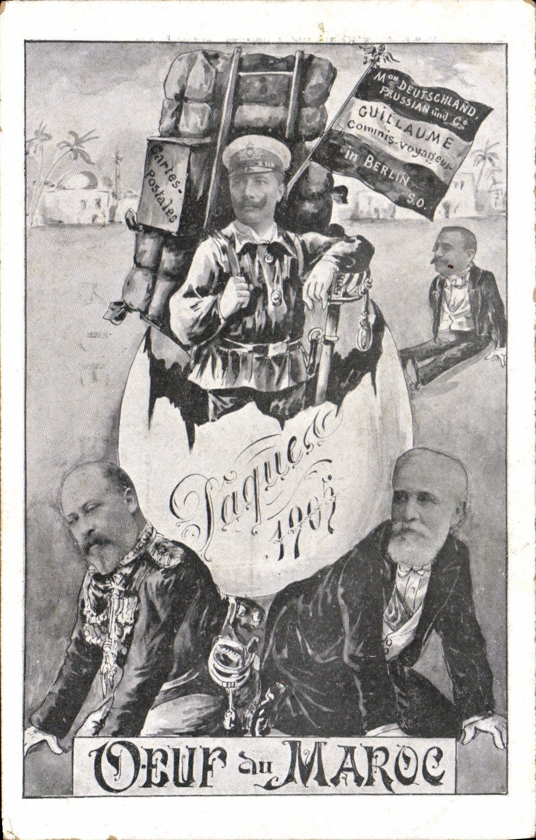 Huevo político del escritor satírico de la POSTAL de la VENDIMIA de Marruecos Pascua Guillermo 1905 Berlín