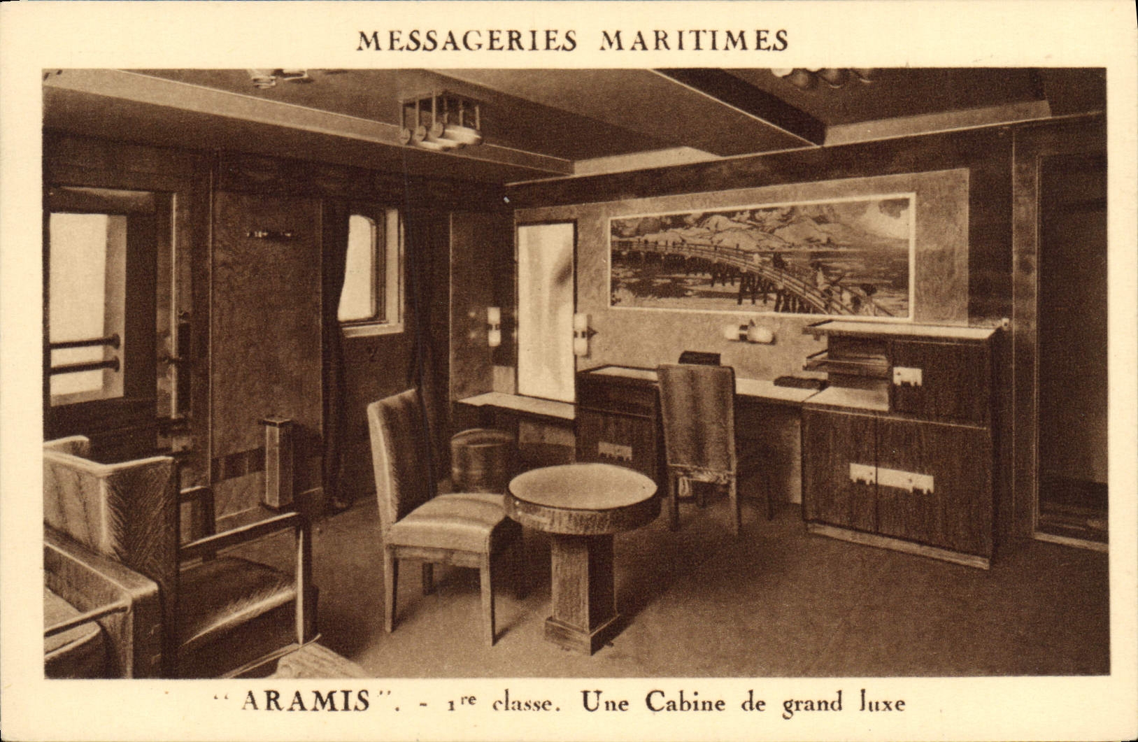 VINTAGE POSTCARD Boat Maritime Transport Aramis 1st class a cabin of great luxury