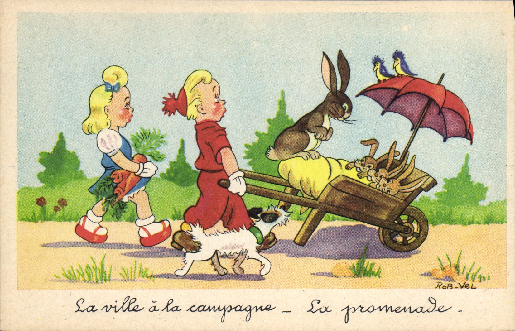 VINTAGE POSTCARD Fantasy Illustrator Children Rabbit Dog Rob Nel