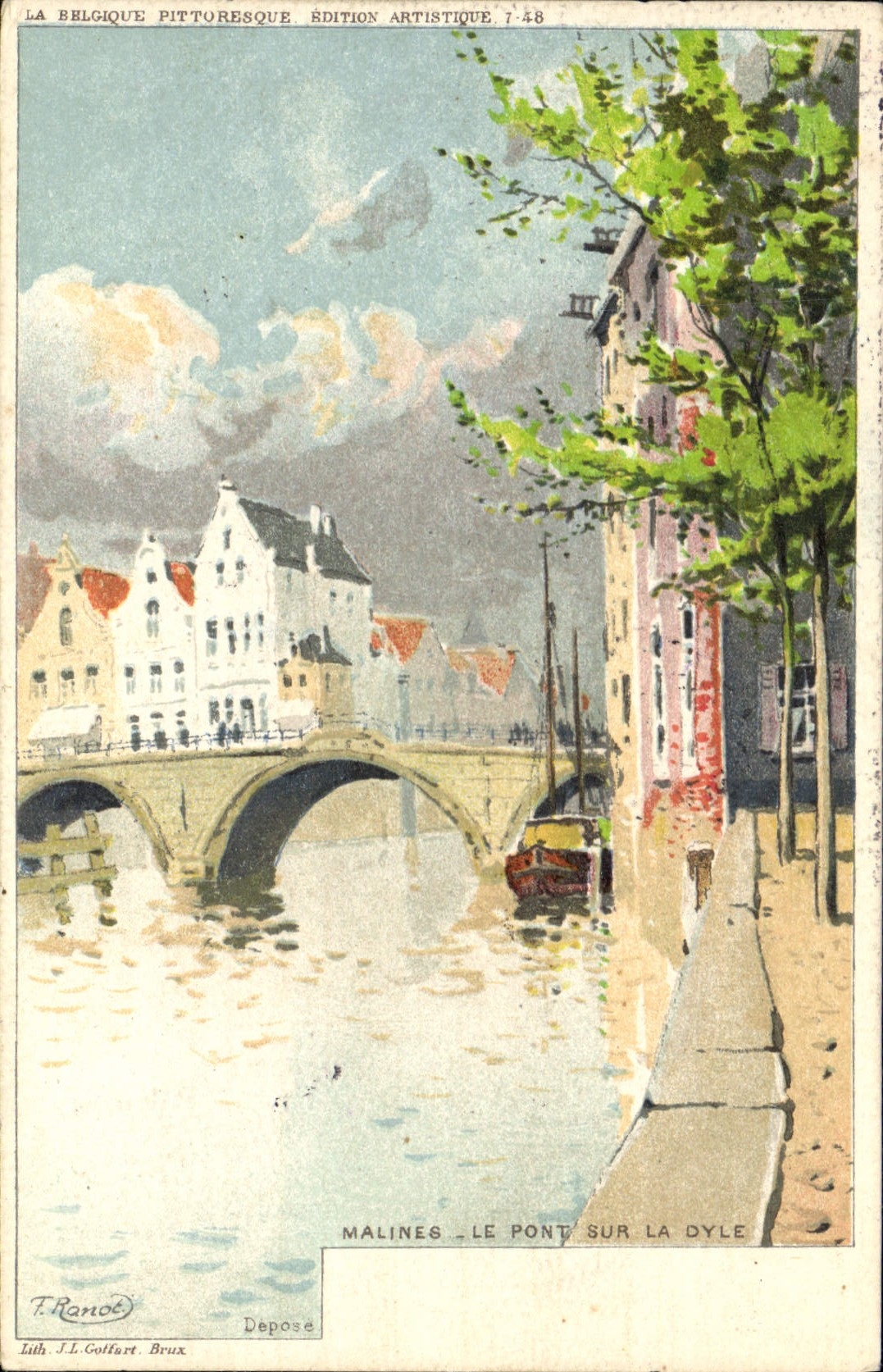 VINTAGE POSTCARD Fantasy Ranot Illustrator Malignant the bridge on Dyle Boat