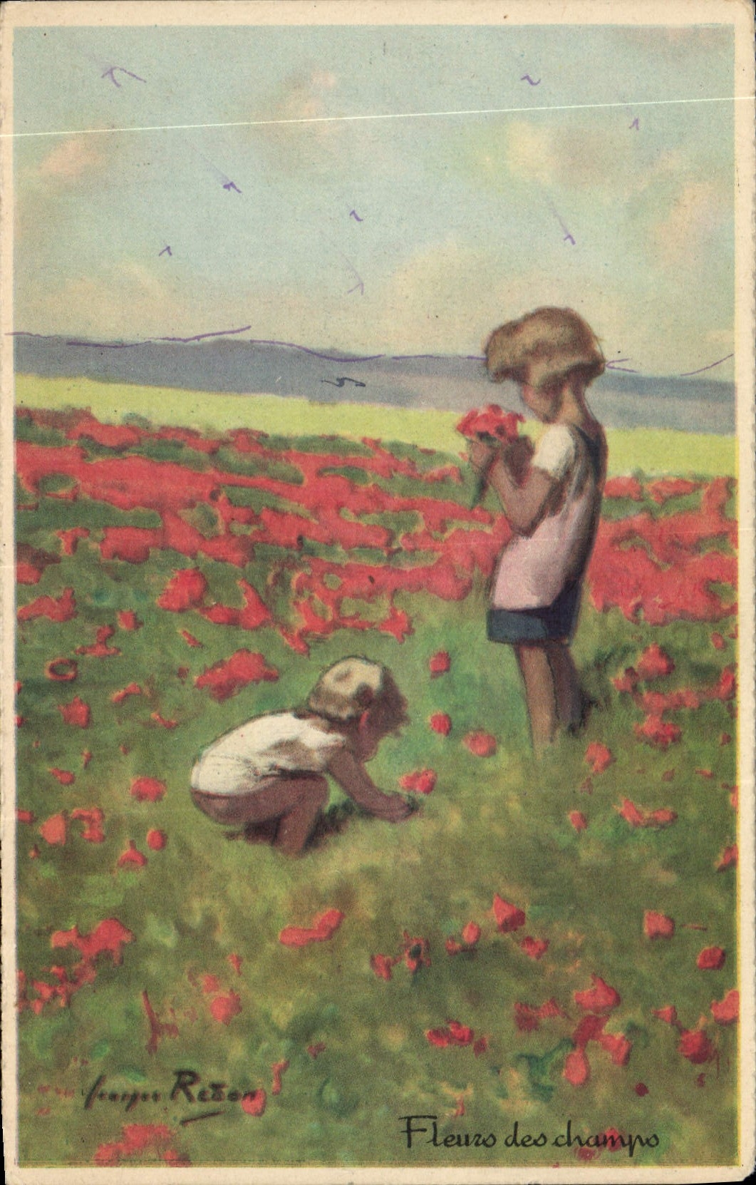 CPA Fantaisie Illustrateur Redon Enfants Fleurs des champs