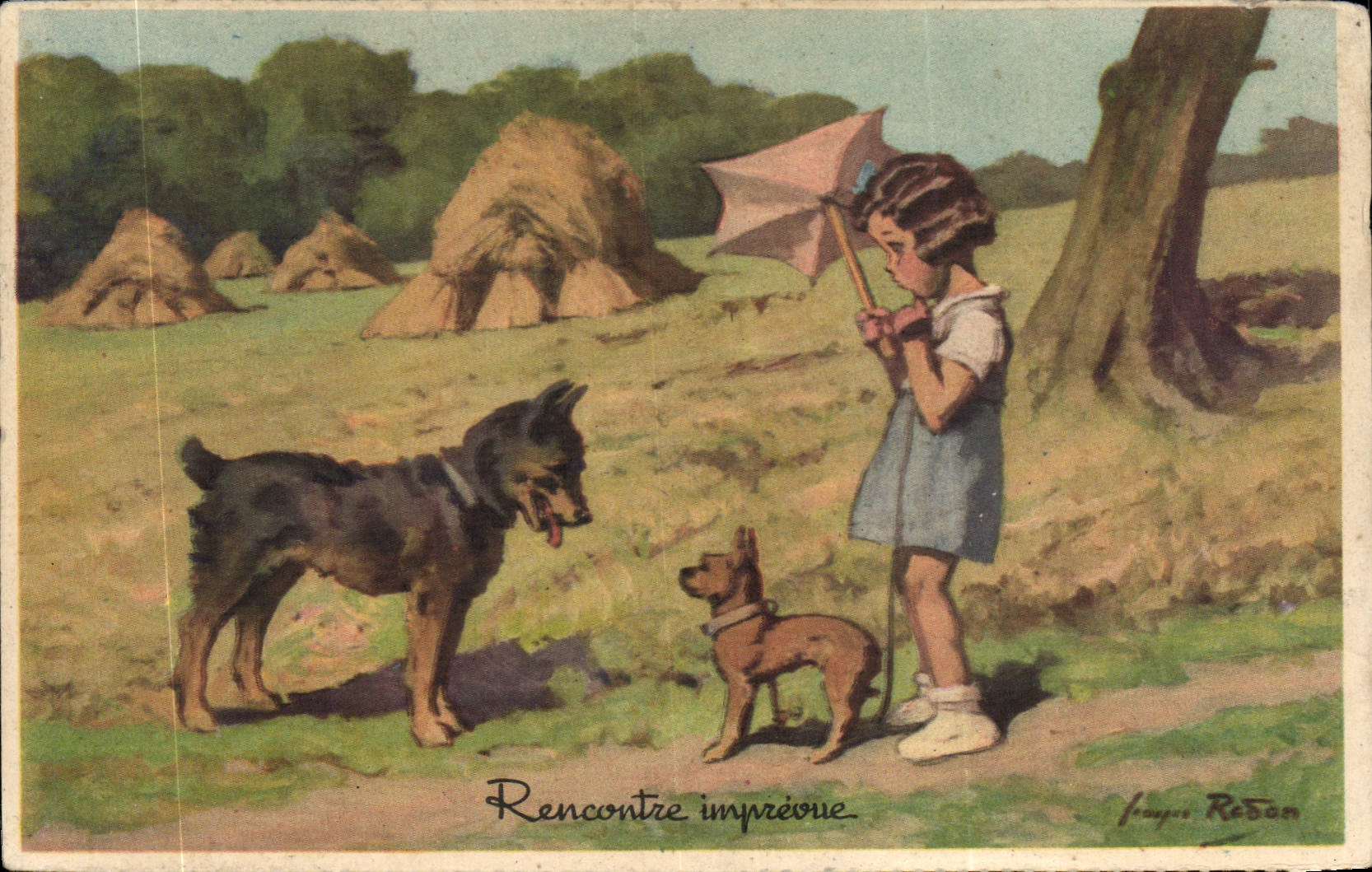 VINTAGE POSTCARD Fantasy Illustrator Redon Child Dogs