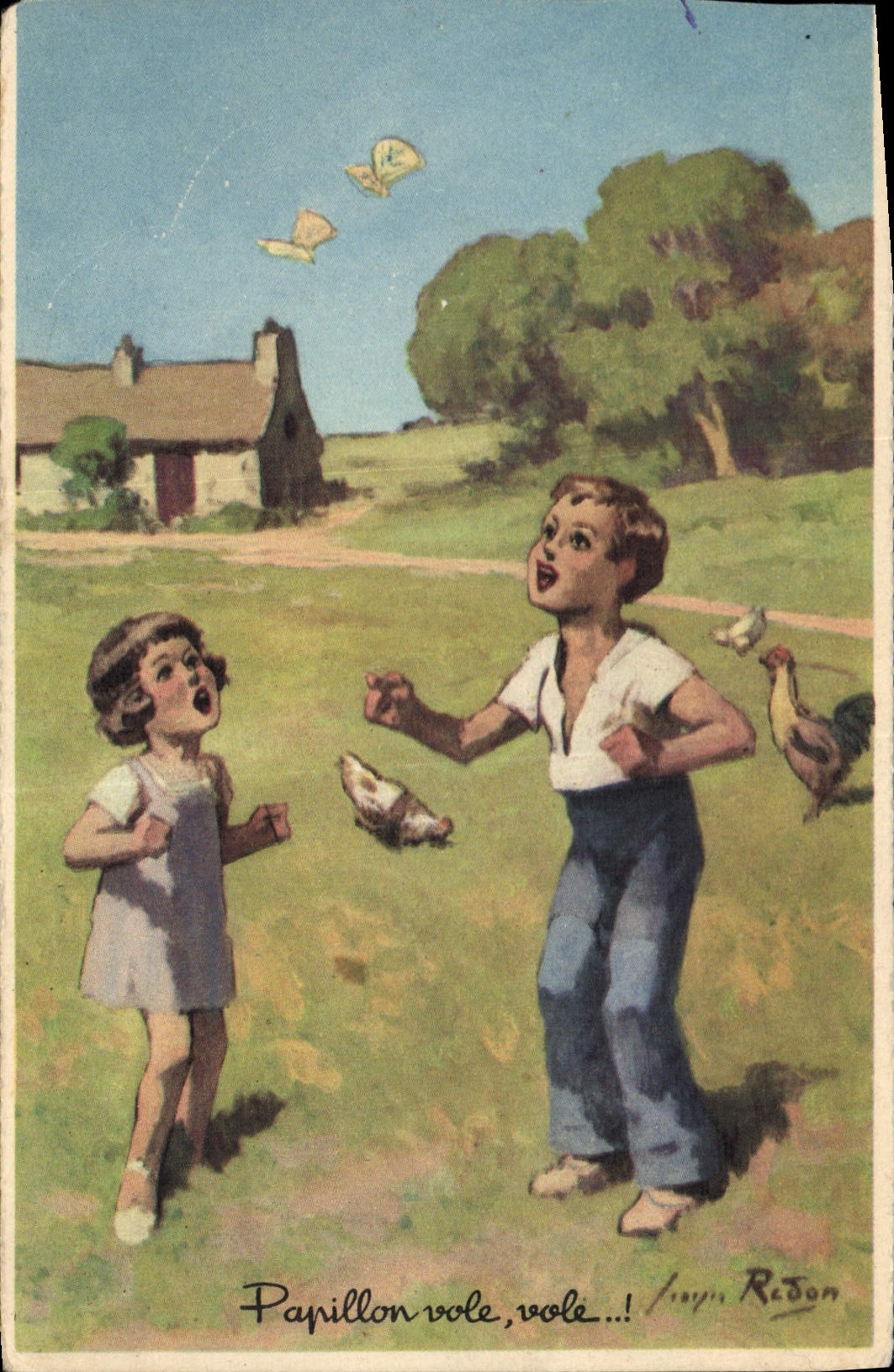 CPA Fantaisie Illustrateur Redon Enfants Papillon Vole vole