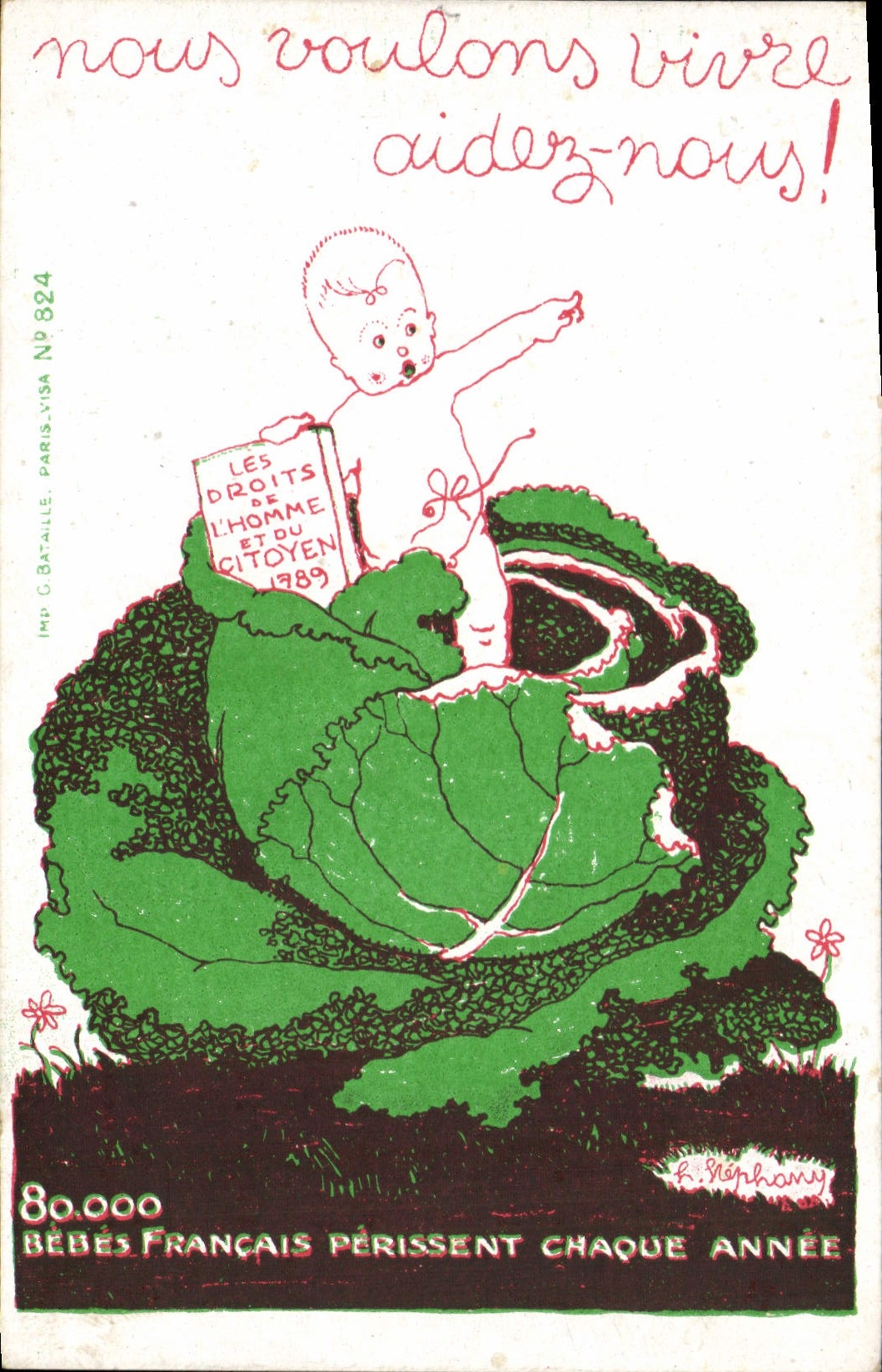 CPA Politique Satirique 80 000 bebes francais perissent chaque annee Choux Droits de l'homme et du citoyen 
