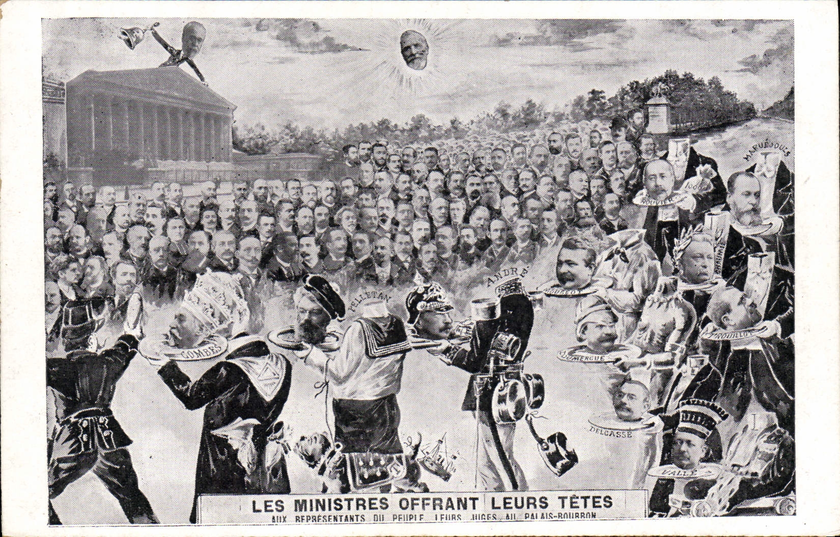 VINTAGE POSTCARD Political Satirist ministers offering their heads to the representatives of the people
