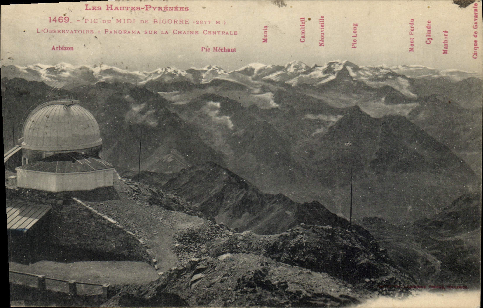 Pico de la astronomía de la POSTAL de la VENDIMIA del sur de Bigorre el observatorio y el panorama en la cadena central