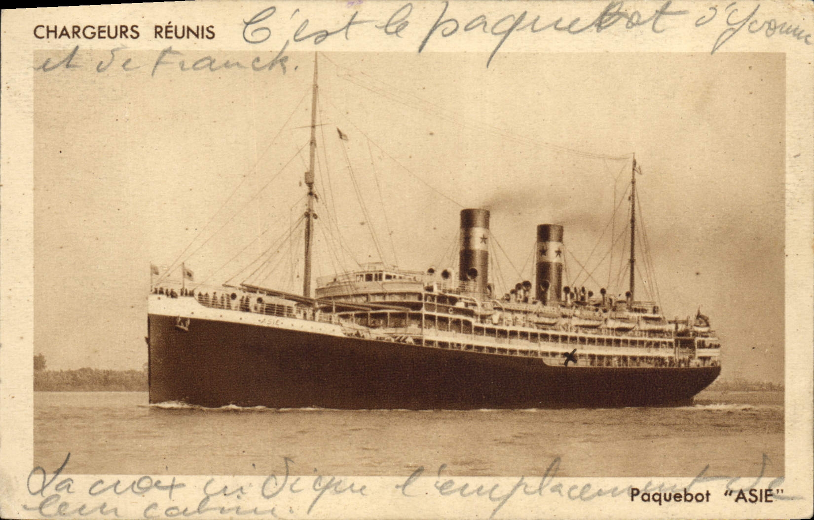 VINTAGE POSTCARD Boat Steamer Asia Brought together Chargers