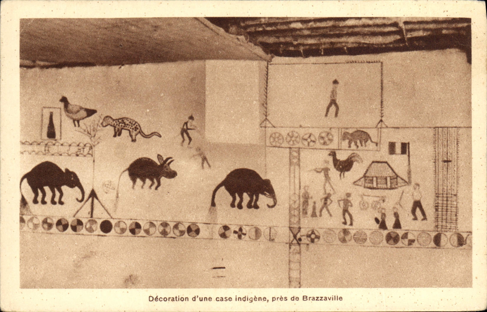 Decoración del elefante de la POSTAL de la VENDIMIA de una caja indígena cerca de Brazzaville Congo