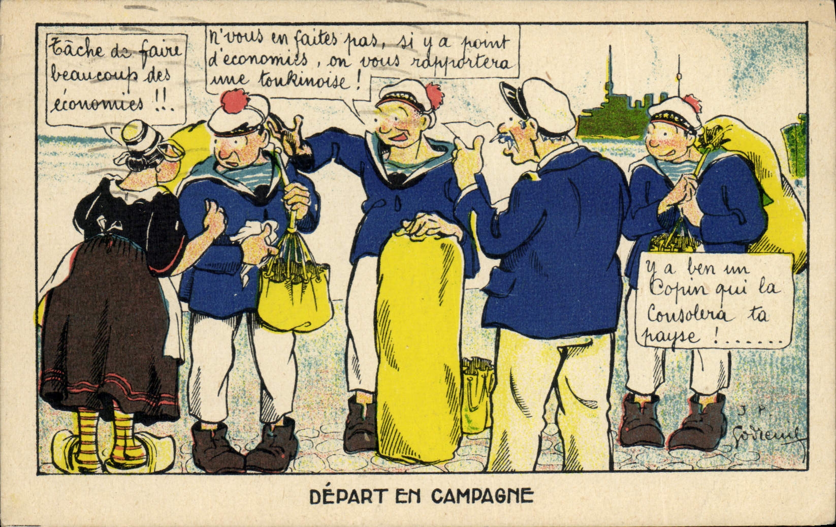 VINTAGE POSTCARD Fantasy Militaria Departure in shift