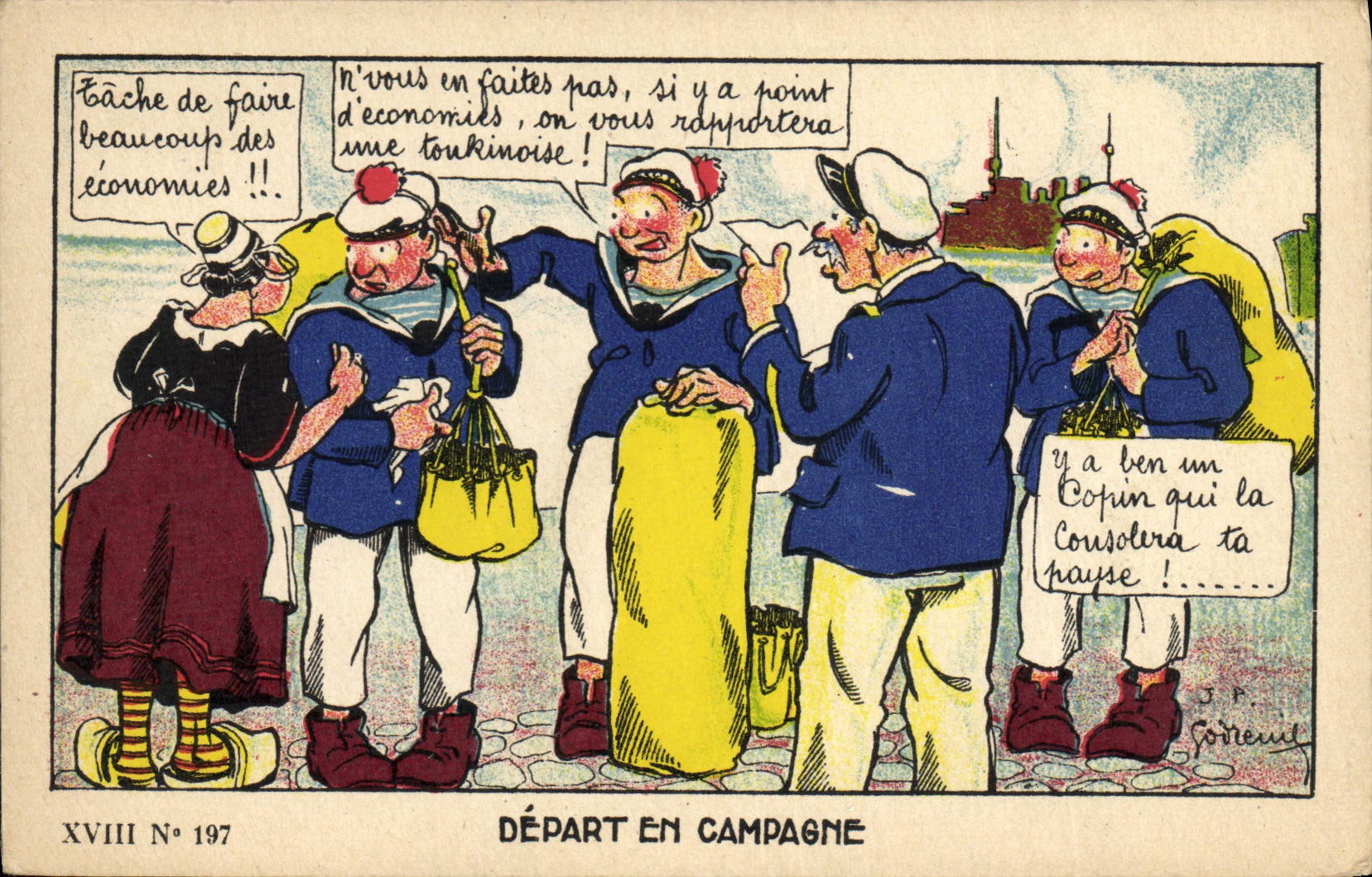 CPA Fantaisie Militaria Depart en campagne Bateau Marins