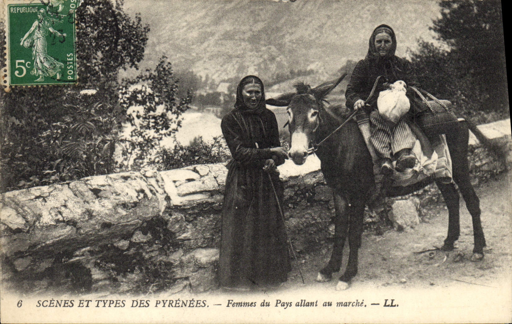 CPA Folklore Pyrenees Femmes du pays allant au marche Ane mule