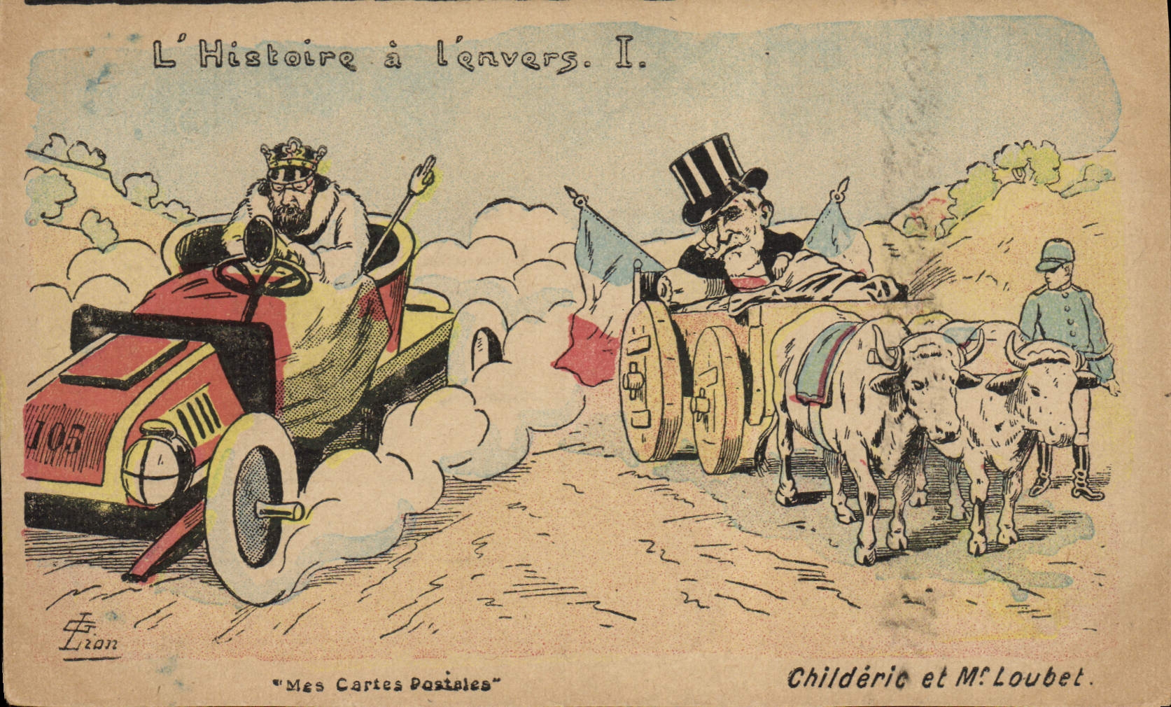 VINTAGE POSTCARD history with Automobile back Childeric and Mr. Loubet