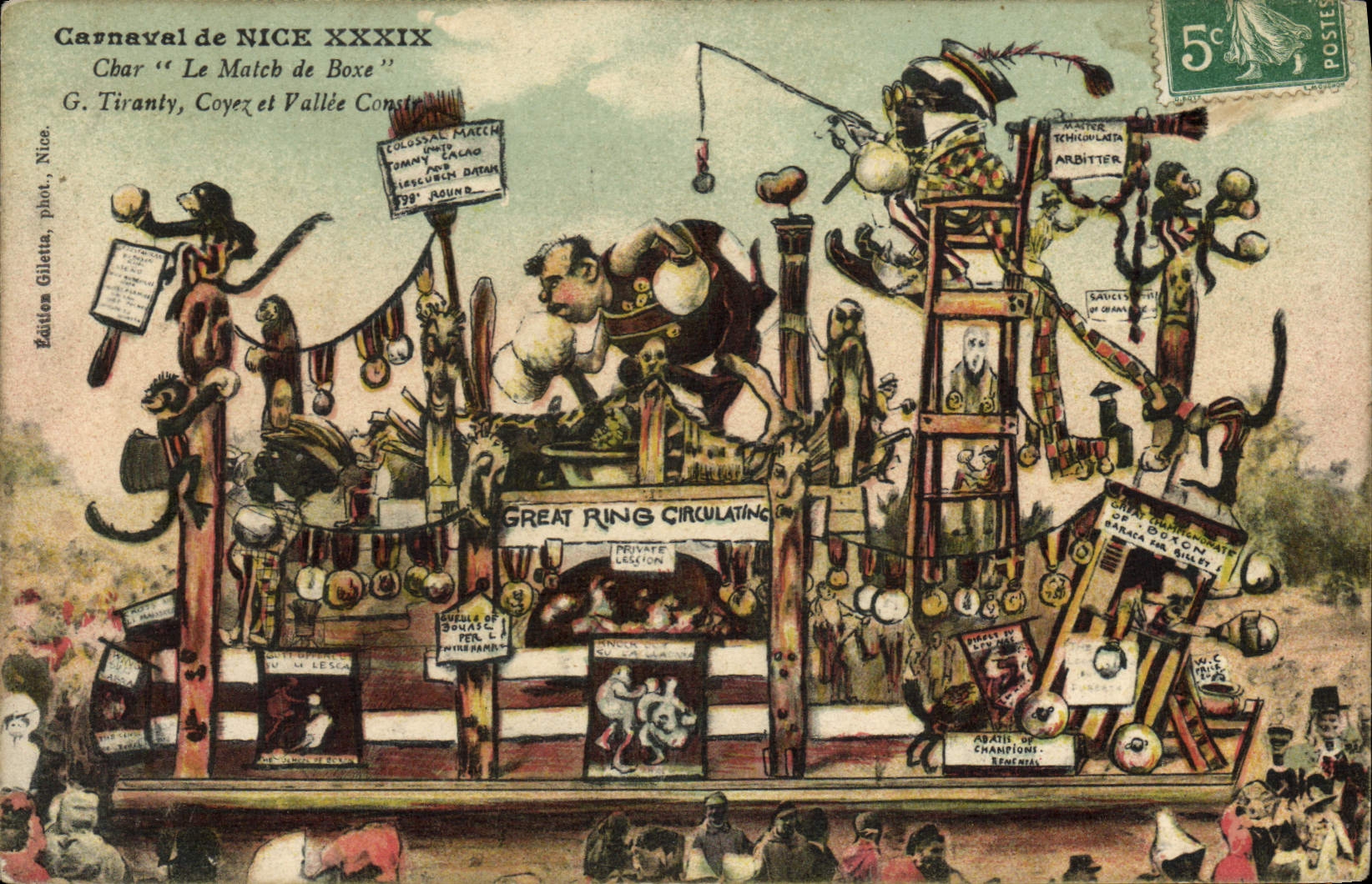 VINTAGE POSTCARD Boxing Carnival of Nice XXXIX Tank the Match of boxing Monkey