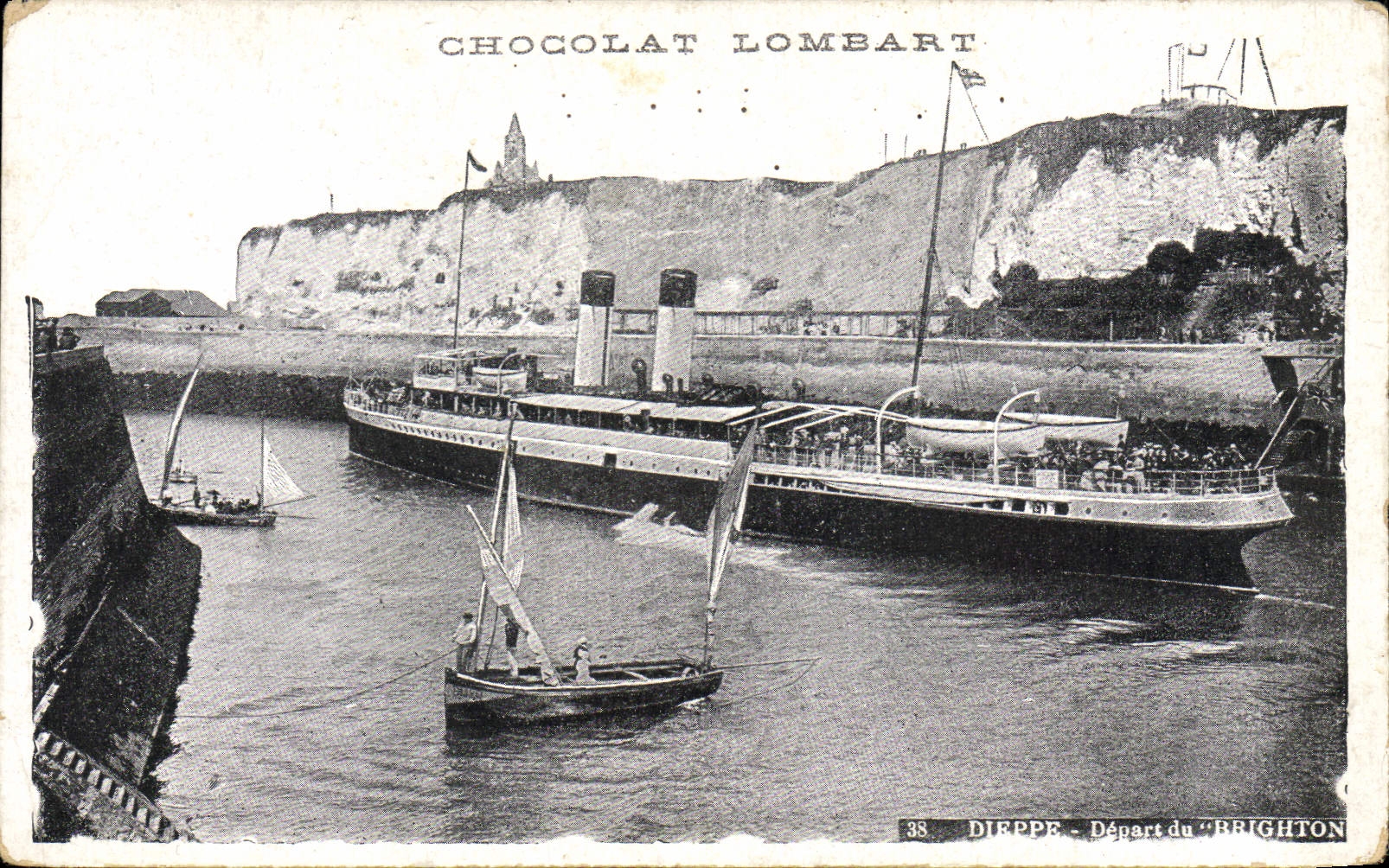 VINTAGE POSTCARD Boat Dieppe Departure of Brighton Lombart Chocolate