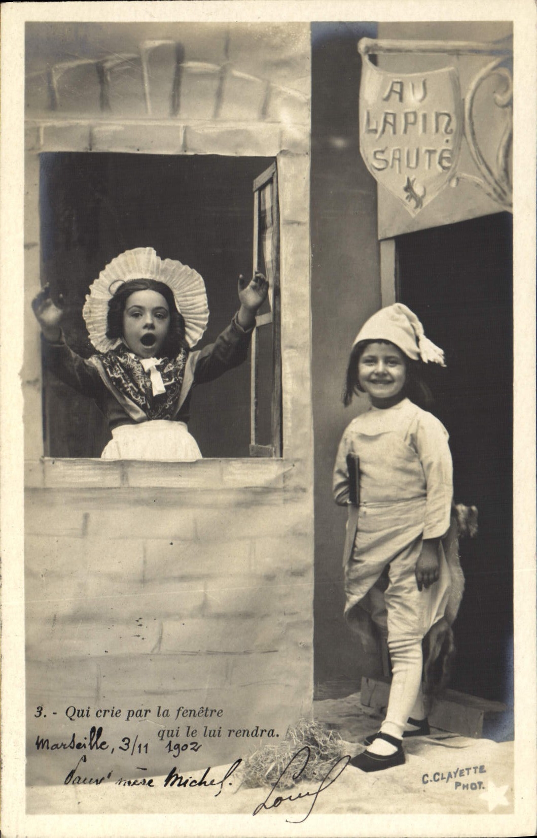 VINTAGE POSTCARD Fantasy Child the Michel mother and her cat With rabbit jumps