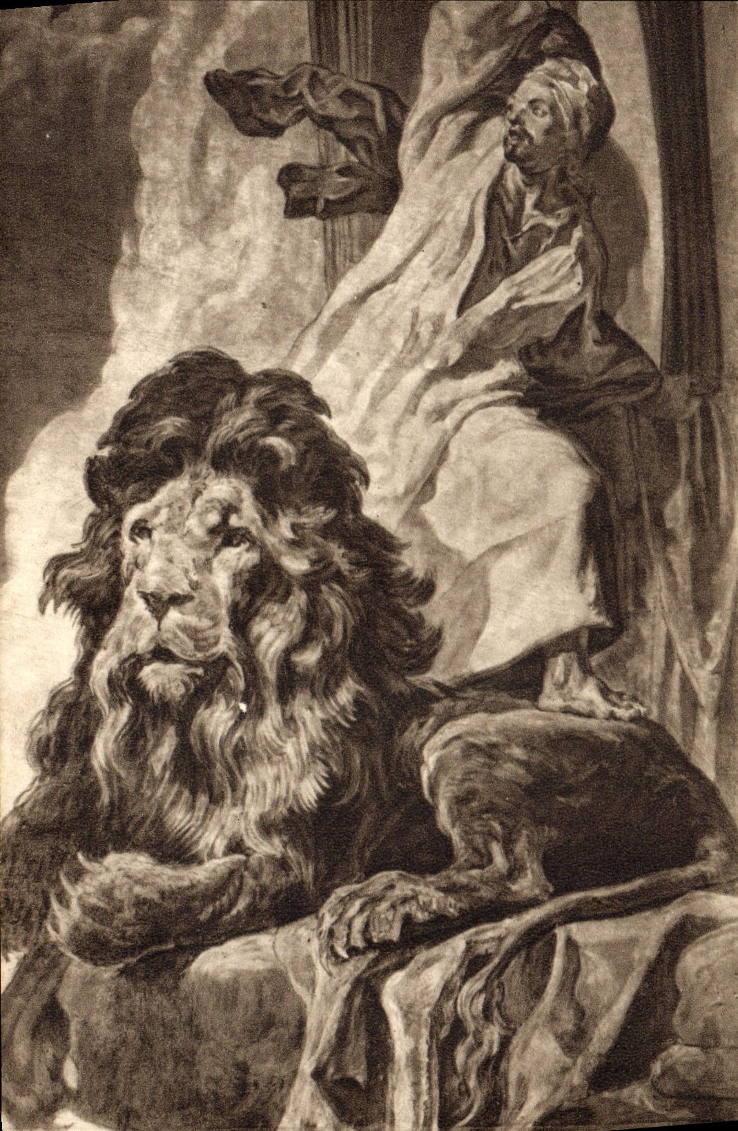 León de la POSTAL de la VENDIMIA el orujo santo del evangelista