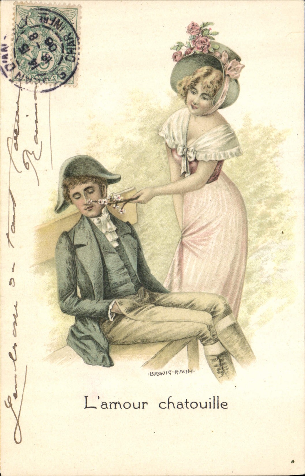 CPA Fantaisie Illustrateur Femme L'amour chatouille