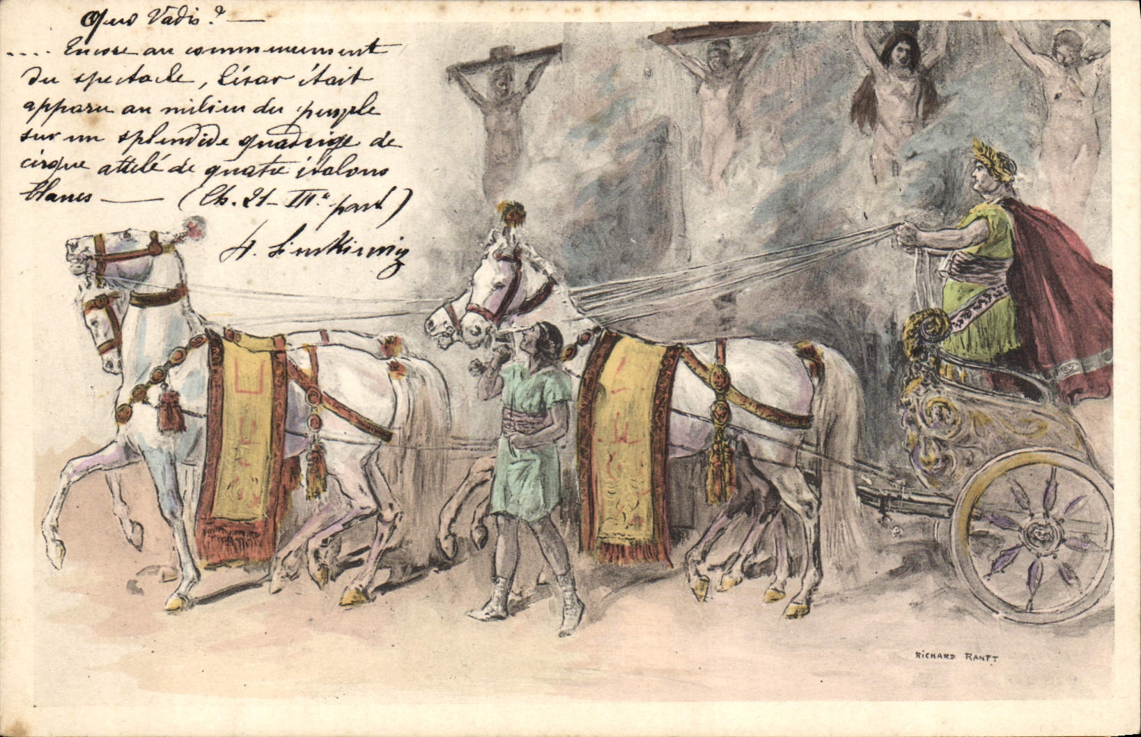 Cristianos cruzados de Cristo del carro del ilustrador de la fantasía de la POSTAL de la VENDIMIA del caballo romano de los caballos