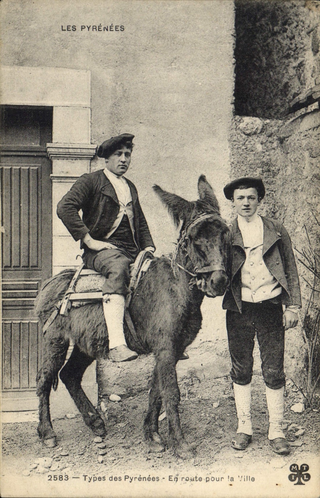 POSTAL de la VENDIMIA el asno de Pyrenees en la manera para la ciudad del folklore