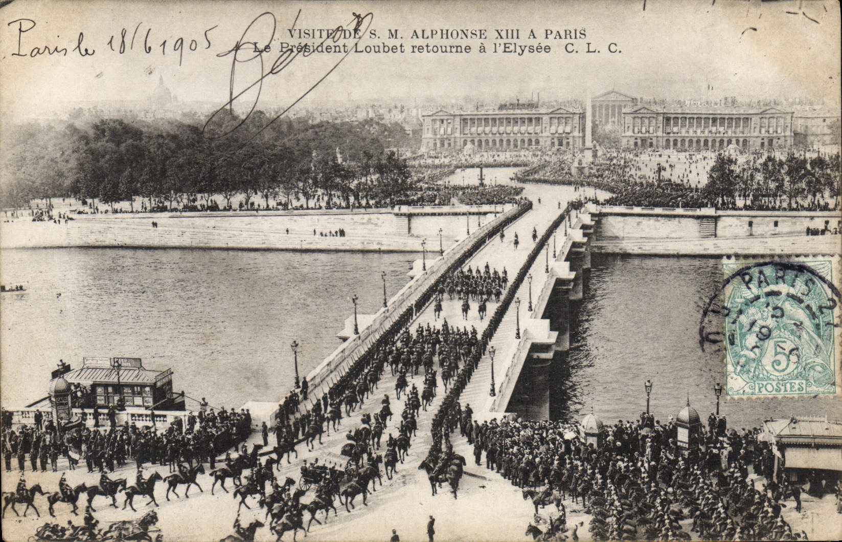 VINTAGE POSTCARD Visite of Mr. Alphonse XIII has Paris president Loubet turns over to the Elysium