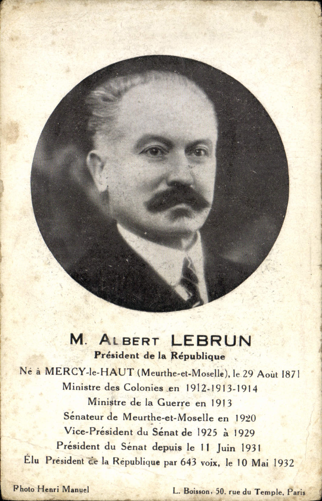 VINTAGE POSTCARD Albert lebrun President of the Republic does not have Mercy the Top