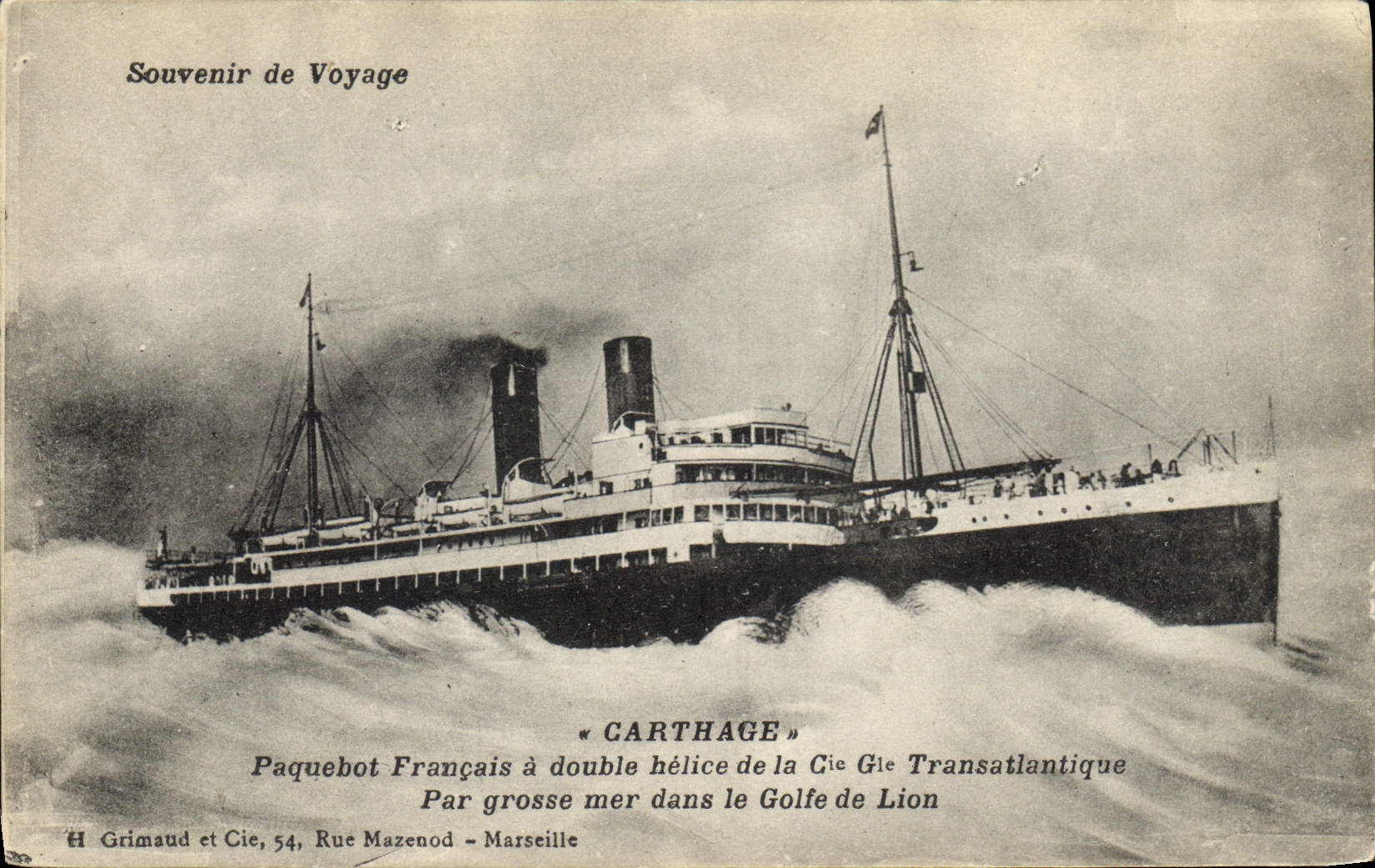 VINTAGE POSTCARD Bateau French Steamer has double helix of the Co Gle Transatlantique Carthage